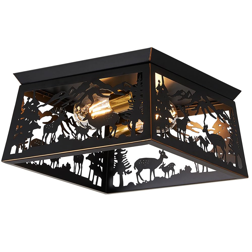 Black Semi Flush Mount Ceiling Light Fixture, Rustic Cabin Deer Ceiling Light Fixture, Metal Country Farmhouse Ceiling Lamp for 