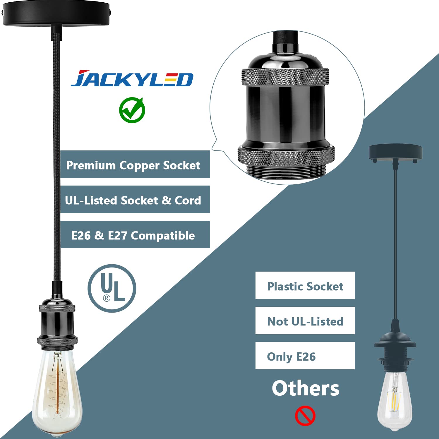 JACKYLED Pendant Light Kit - Adjustable Black Woven Fabric Cord, Copper E26/E27 Socket, UL Listed, Pearl Black, Model bfa43cad-2aca-4683-96