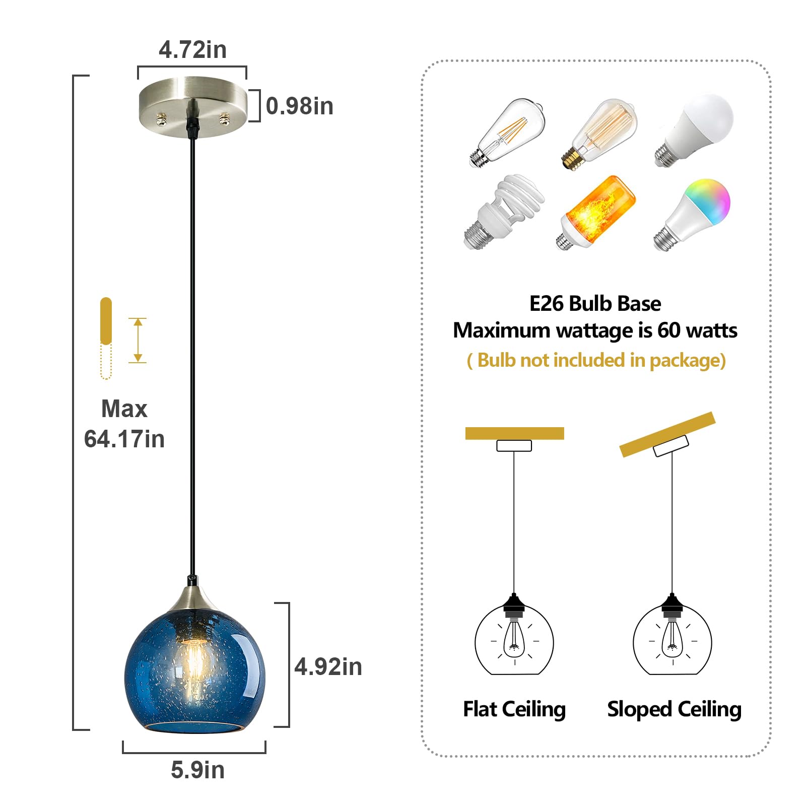 Lbsqj Blue Glass Pendant Lights Kitchen Island Lighting Globe Pendant Light Fixtures Modern Pendant Lighting For Kitchen Island Bedroom Living Dining Room Light Fixture(5.9In  1-Pack)
