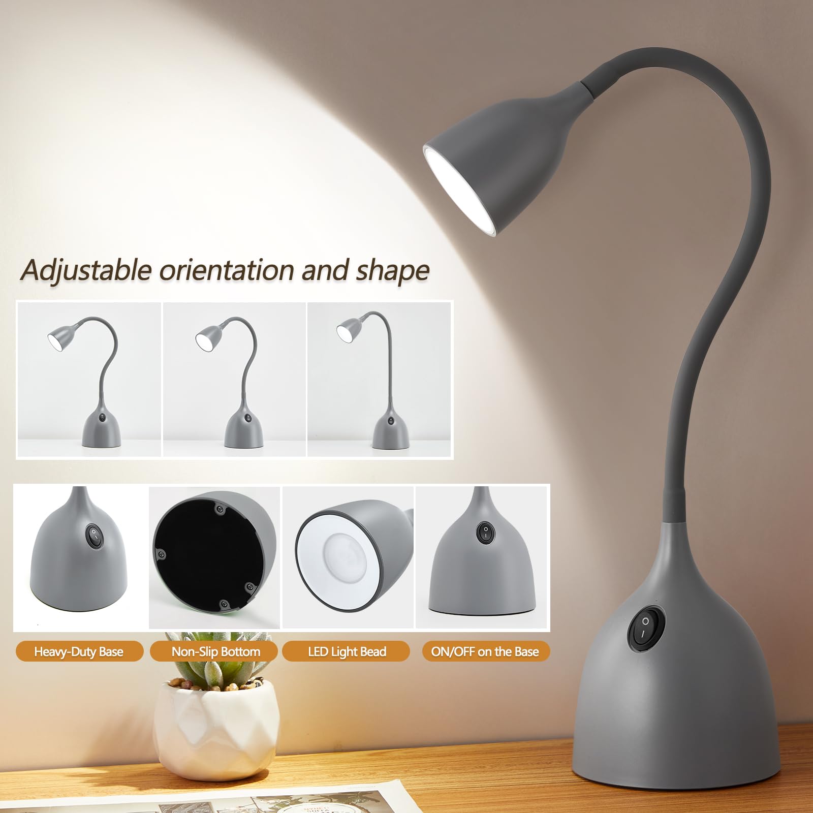 EJIAXIN Gooseneck Desk Lamp 360° Flexible LED Light for Small Spaces, Metal, Gray, Home Office, Bedroom, College Dorm