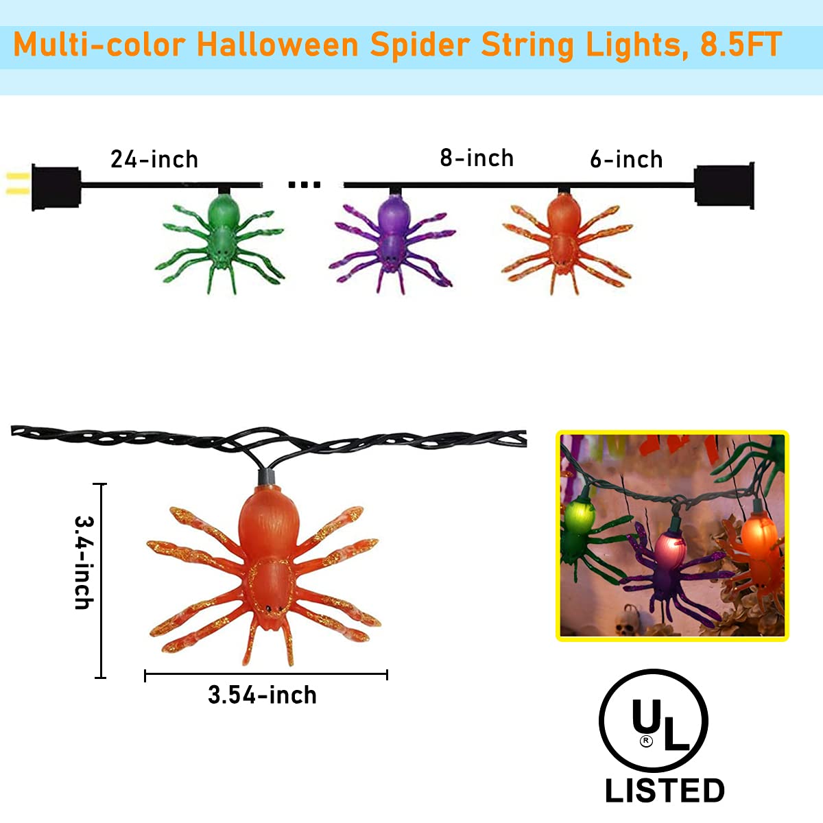 Abeja Halloween Spider String Lights, 8.5FT, 10 Spider Bulbs, UL Listed, Waterproof, Black