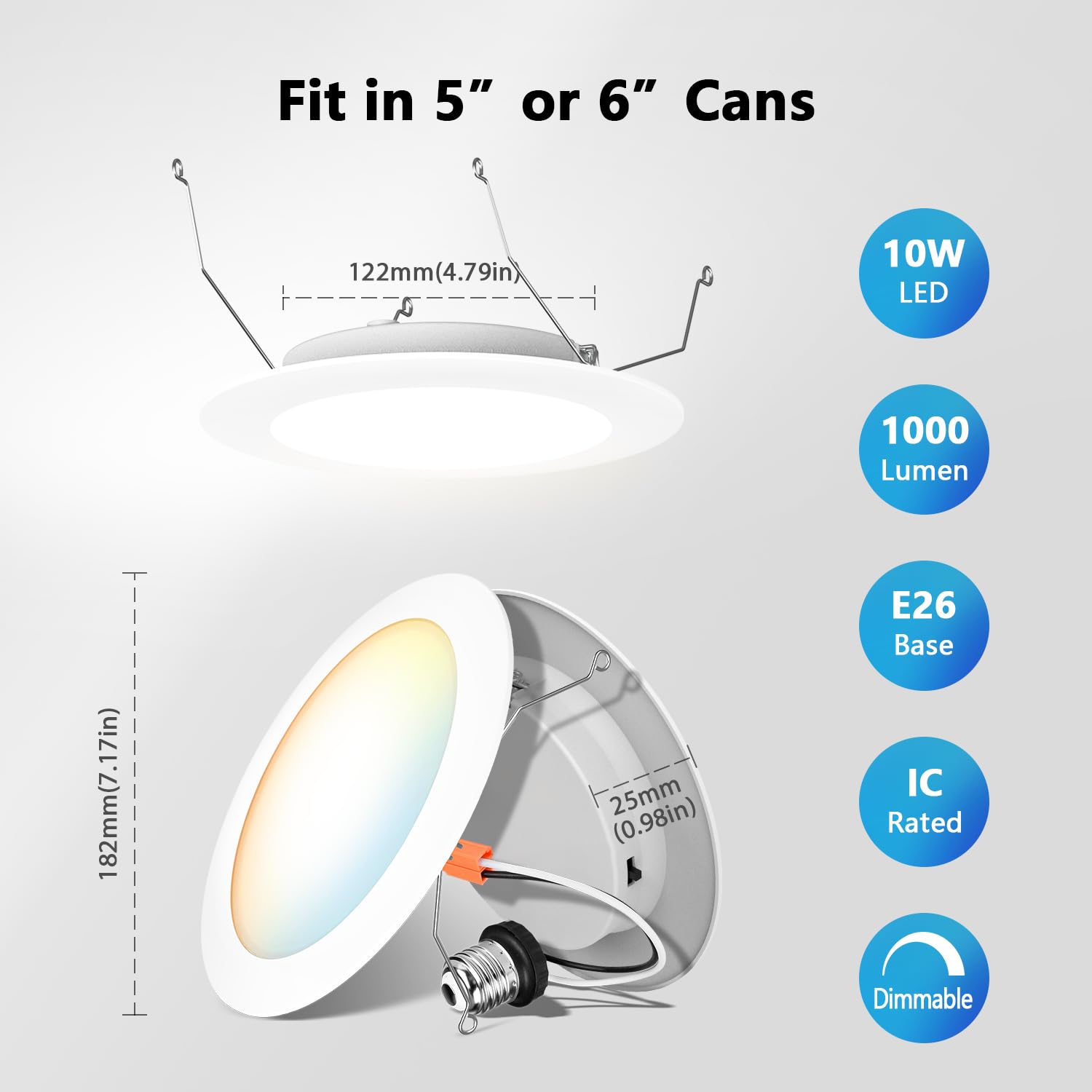 Lvwit Led Recessed Light 6Inch, Can Lighting Color Selectable 2700/3000/4000/5000/6000K 5Cct, 10W(120W Equivalent) Dimmable Downlight With E26 Conversion Kit, Retro Fit Ceiling Light Fixtures, 6 Pack
