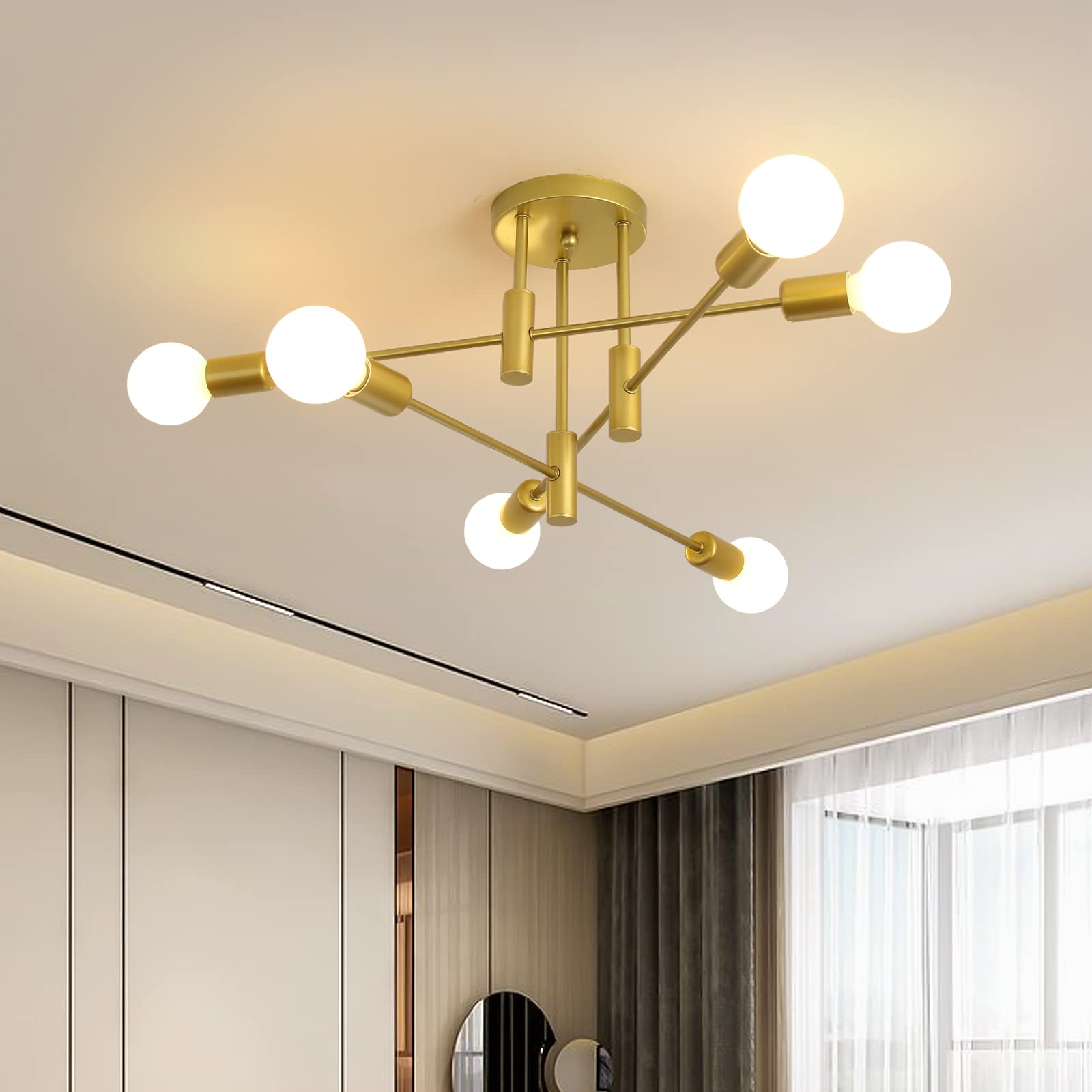 Garwarm Gold Modern Sputnik Chandelier Ceiling Light Fixtures,6-Lights Industrial Semi Flush Mount Ceiling Light for Bedroom Din