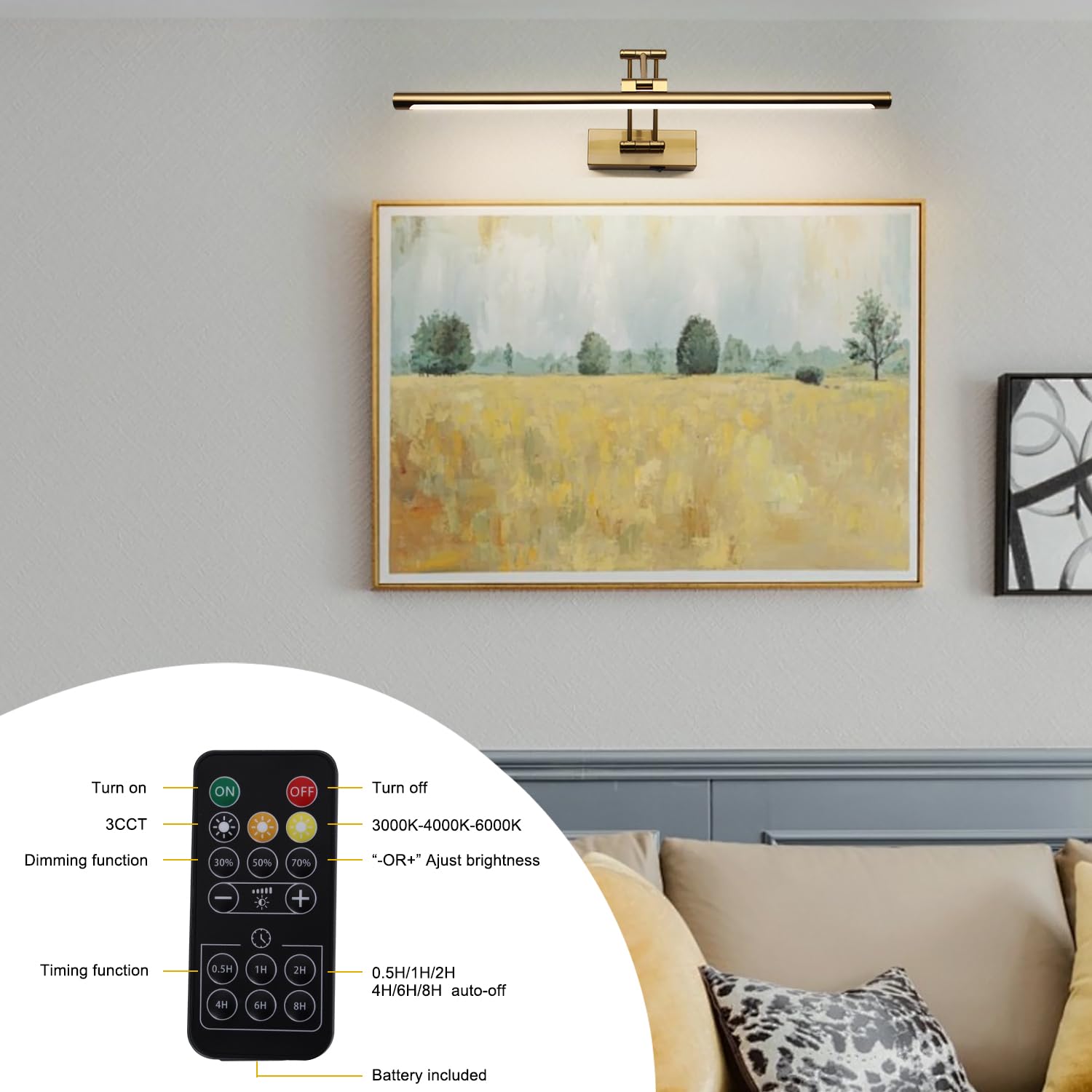 Yumcrelect Picture Light Battery Operated With Remote Led Dimmable Picture Light For discomfort-reducingtings  Brass Rechargeable 24 Inch Battery Operated Wall Sconce For Art Lighting Gallery Portrait Artwork