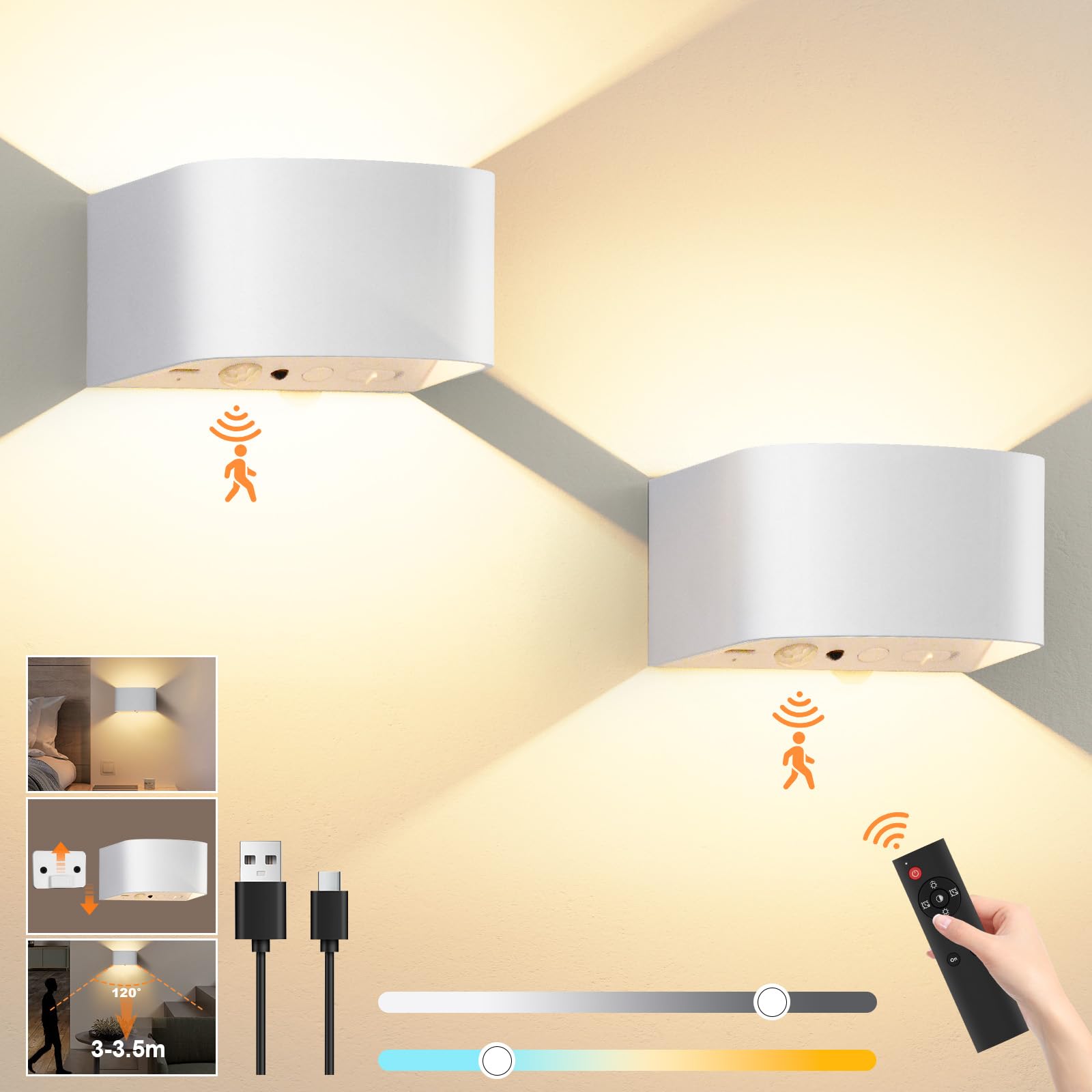 Audor Motion Sensor Wall Light with Remote Control, 3-Color Temperature, 5000mAh Battery, White, Model WL04