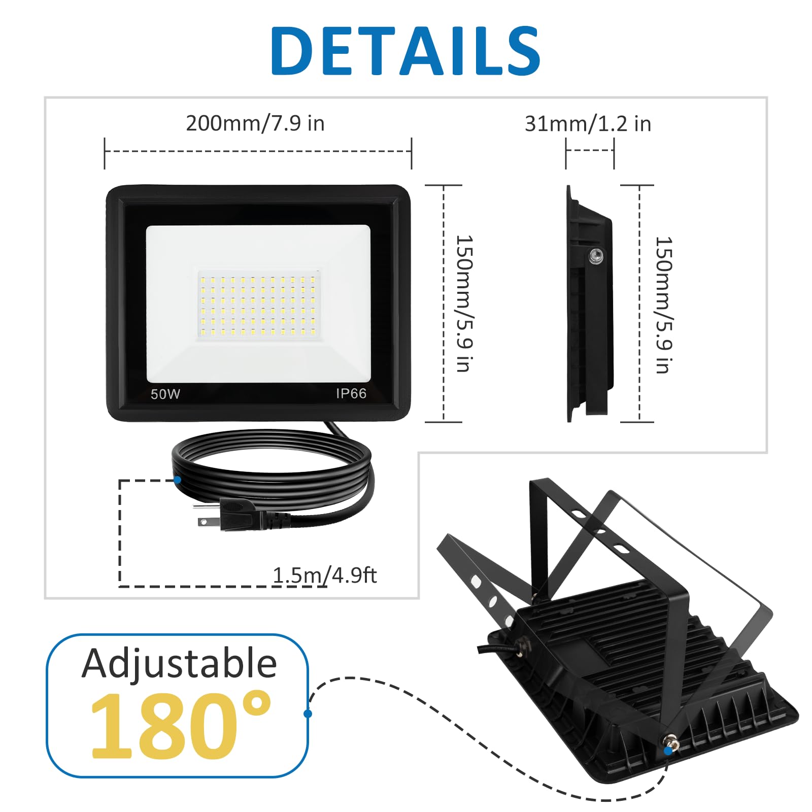 ZHPINGMX 50W LED Flood Light - 5000LM Super Bright, 6500K Daylight White, IP66 Waterproof, Black, 1Pack