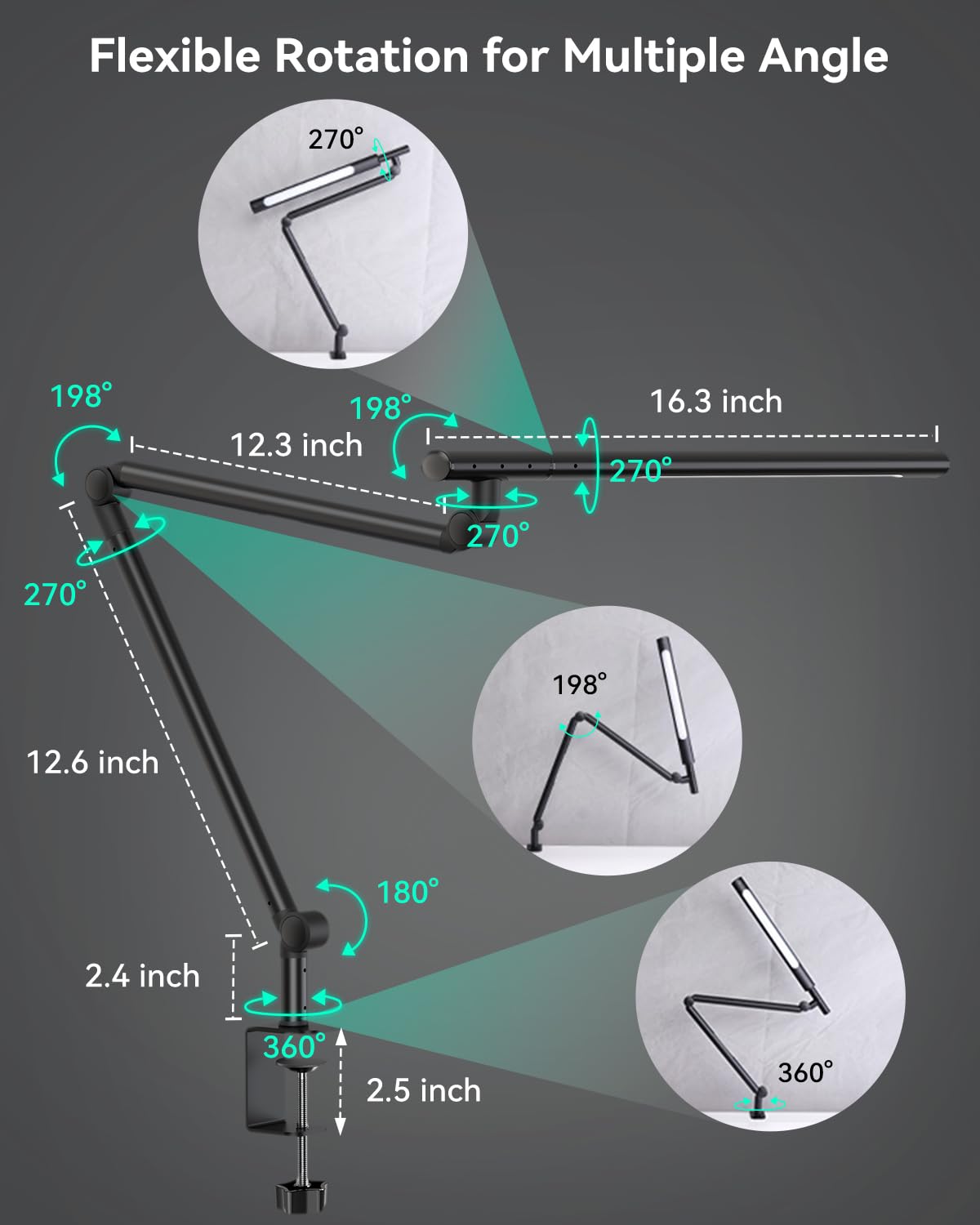 Led Desk Lamp With Clamp, 18W Architect Desk Lamp With Dual Light, Flexible 3 Sections Swing Arm, With Rgb Light, With Remote, W