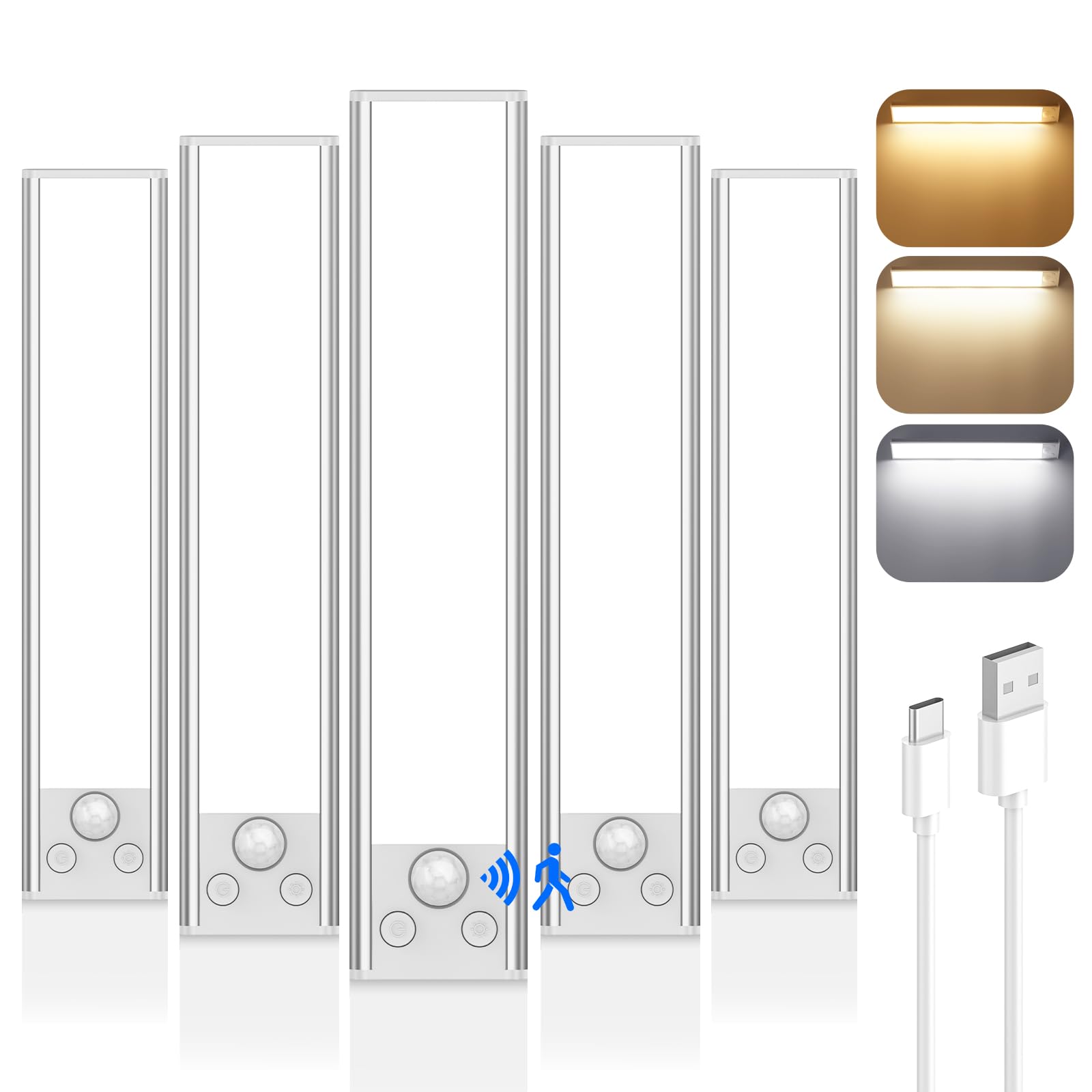 VerRon 5-Pack Under Cabinet Lighting, Upgraded 2000mAh Rechargeable Under Cabinet Lights Wireless with 3 Color Temps 68 LED, Ind