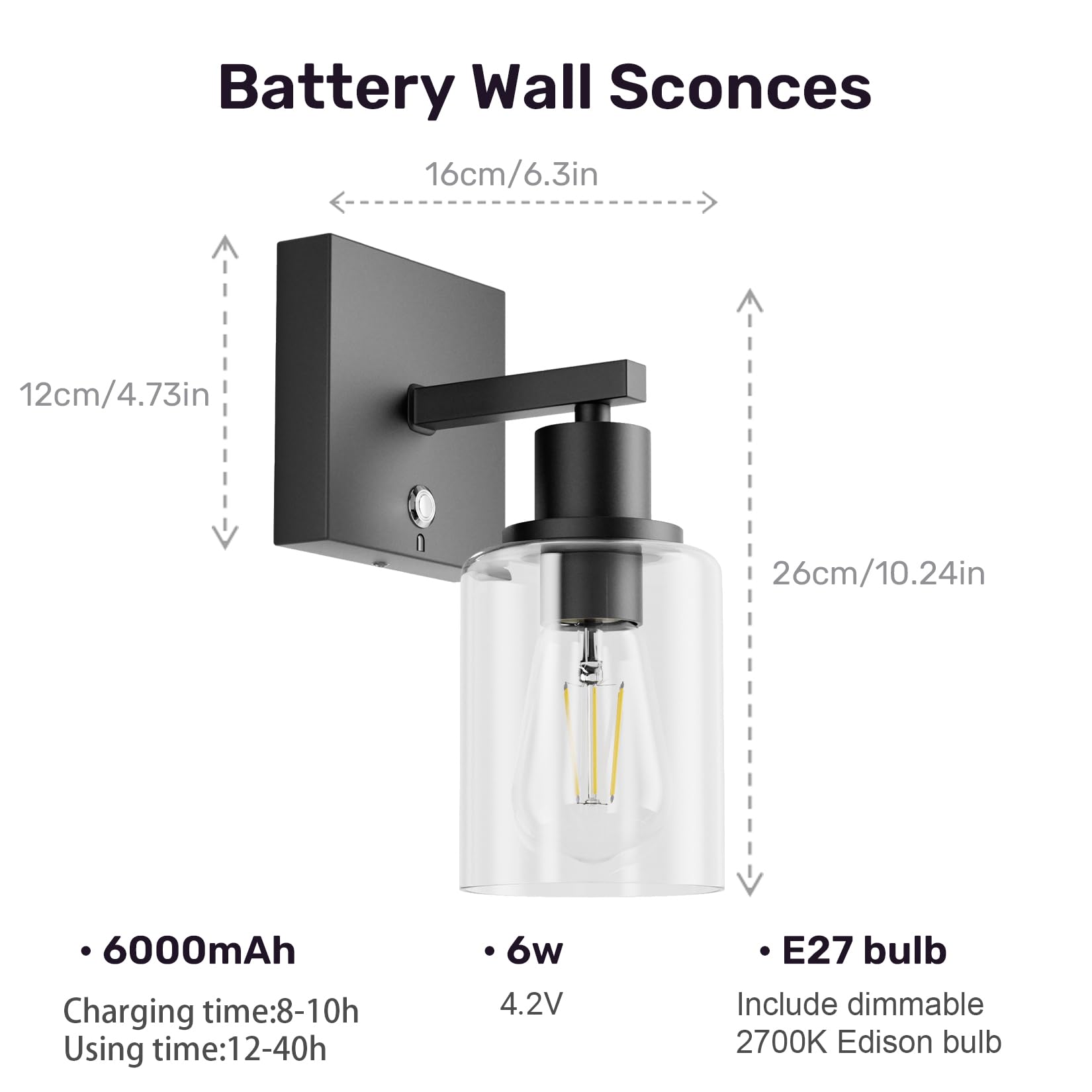 Coinmit Battery Operated Wall Sconce Set of 2, Wireless Glass Lampshade, Dimmable, Rechargeable, Black, Model HW808