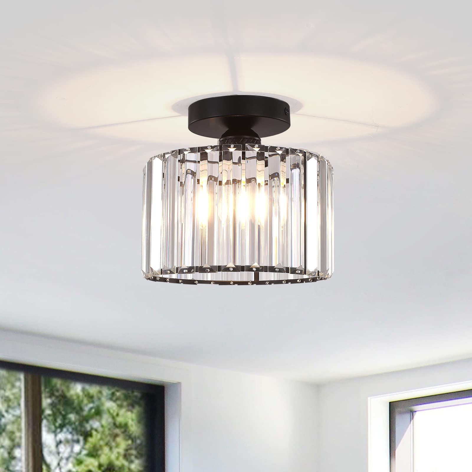 BUXVRCS Semi Flush Mount Modern Chandelier, Crystal Ceiling Light Fixture, Small Close to Ceiling Light for Living Room, Bedroom
