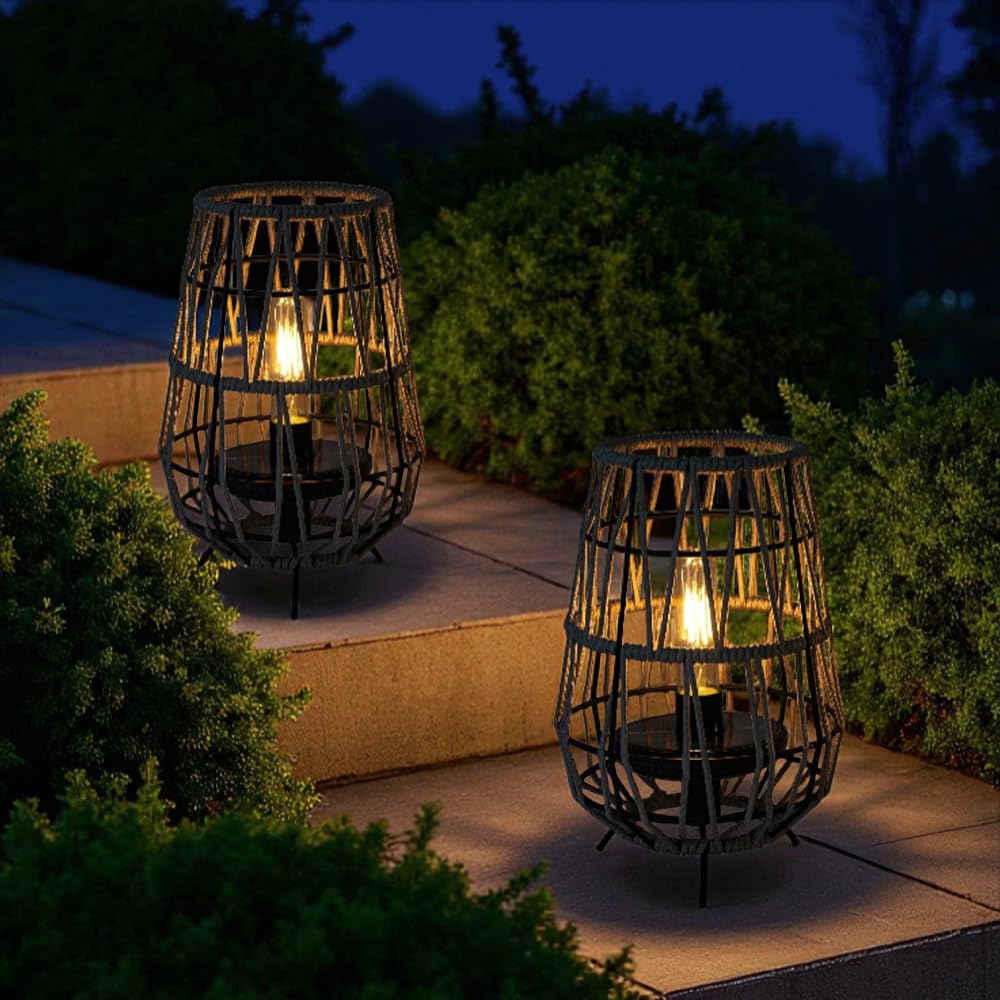 TRIROCKS Set of 2 Solar Lantern Outdoor Table Lamp Outside Hanging Solar Lights with Olifen Rope Waterproof Rattan Outside Deck Light for Patio Garden Lawn Yard (Grey)