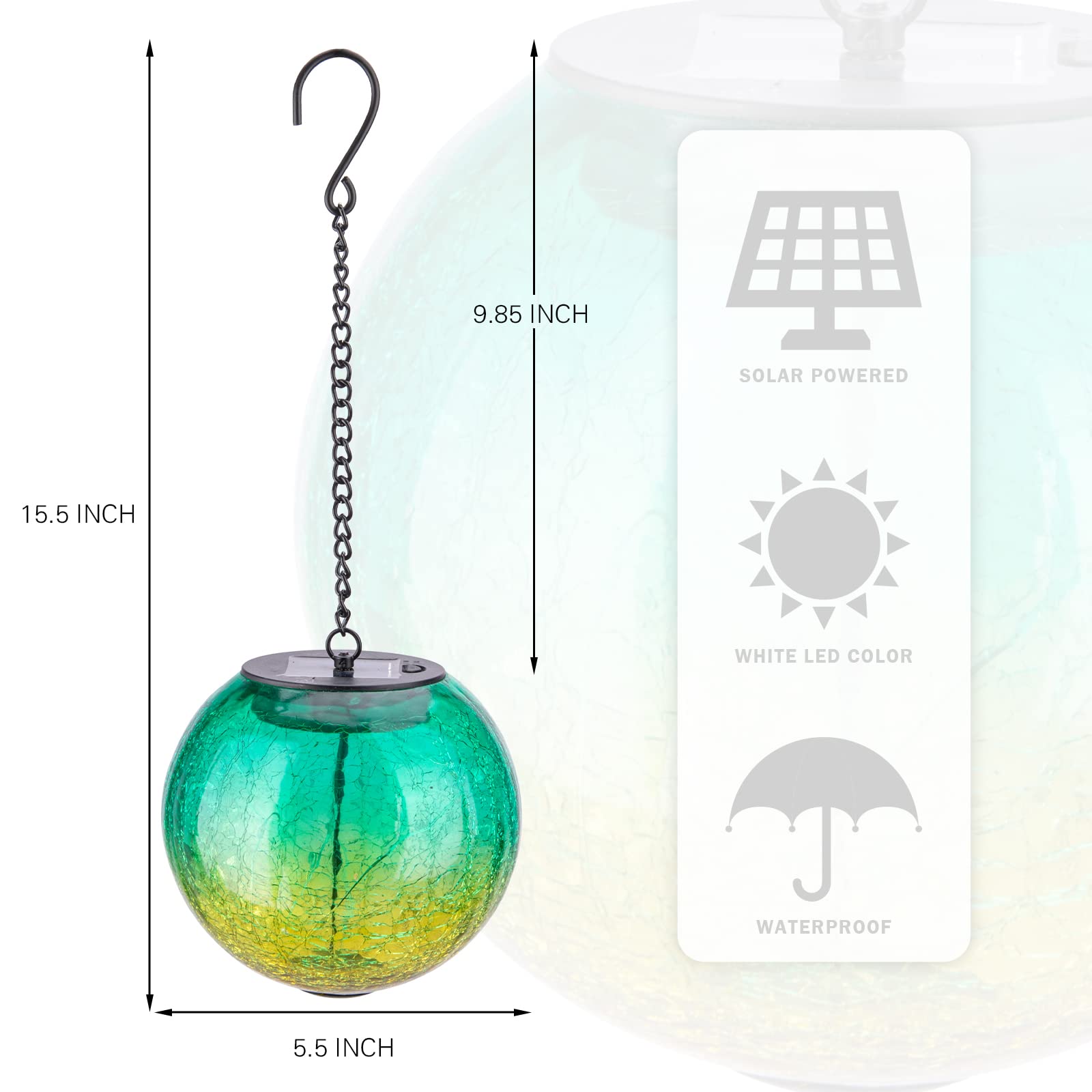 Wonder Solar Green Hanging Solar Lanterns - Waterproof Led Cracked Glass Ball Lights For Outdoor Decor