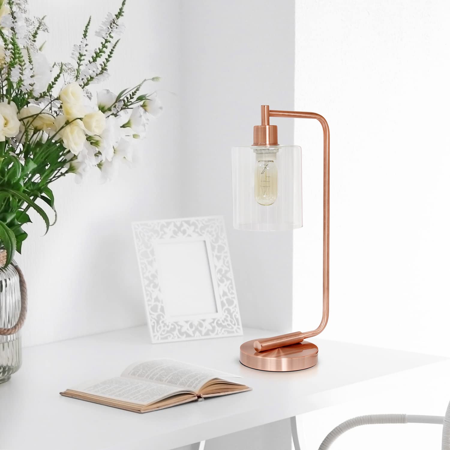 LALIA HOME Modern Iron Desk Lamp, Glass Shade, Rose Gold, Model LHD-2003-RG