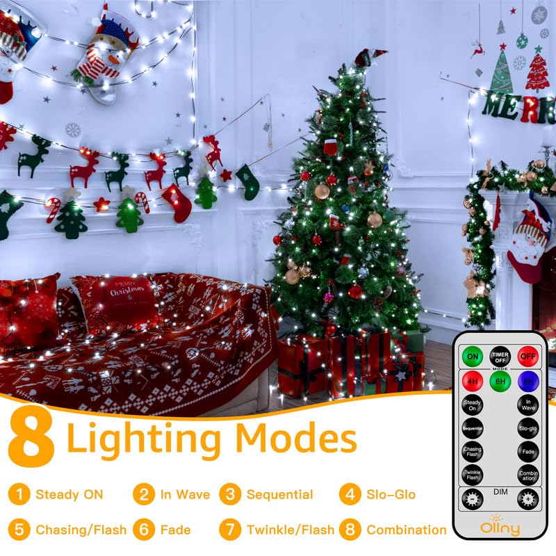 Ollny Christmas Lights, 198 Ft 600 Led Outdoor Waterproof Plug In Christmas Tree Lights With 8 Modes Remote Timer, String Lights