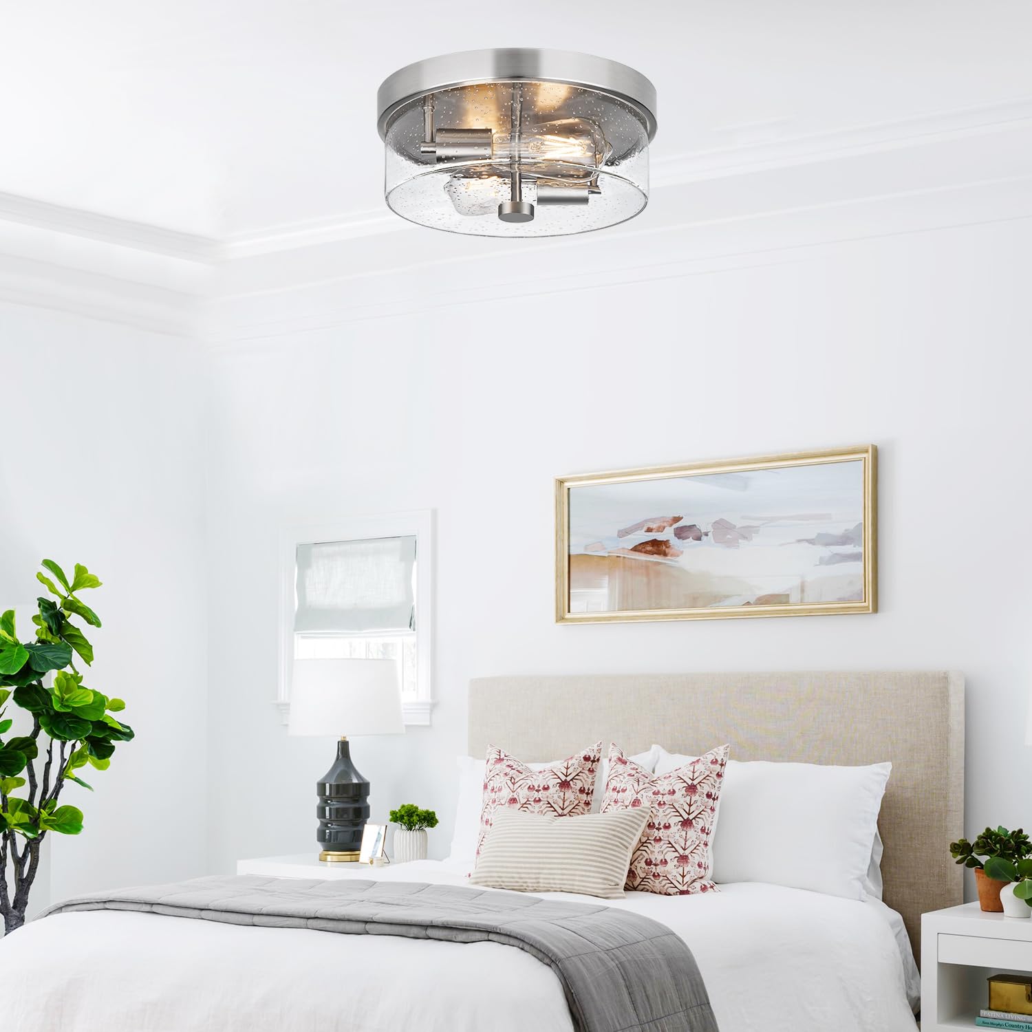 Flush Mount Ceiling Light Fixtures, 2-Light 12 Inch Brushed Nickel Close To Ceiling Light Fixtures With Seeded Glass Shade Ceili