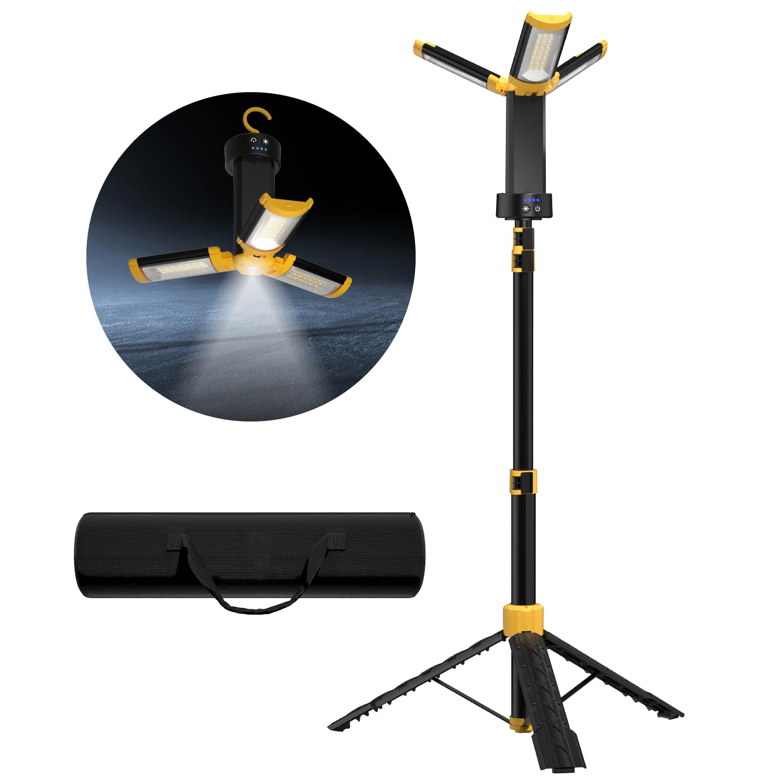Lhotse Rechargeable Camping Light With Stand, 83&quot; Tall Portable Cordless Work Light 3 Led Lamps Head, 9Ah Battery Led Work Light, 3000 Lumen Dimmable Camping Light With Detachable Tripod