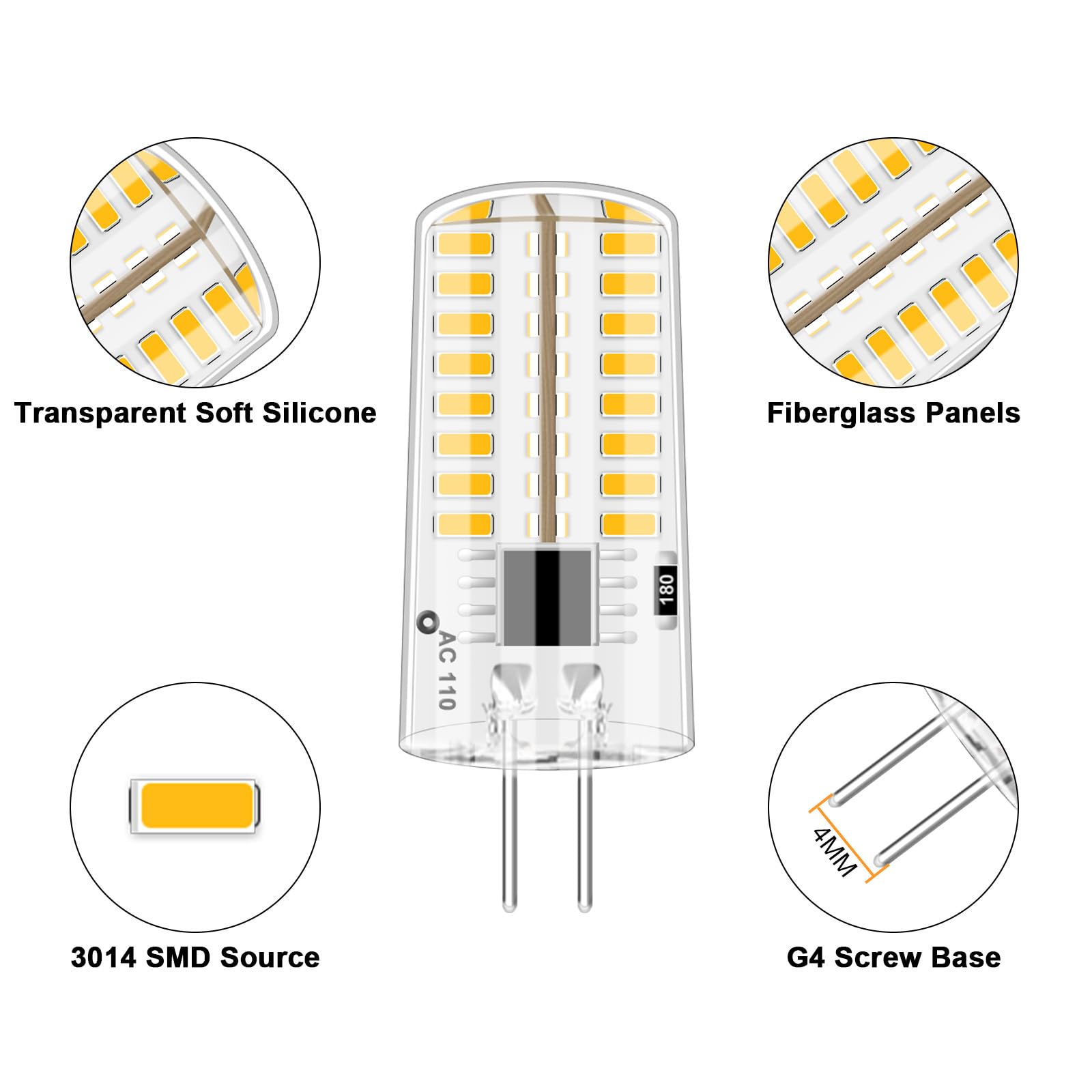 Lflampon Ac110V-130V Dimmable G4 Led Light Bulbs, 2.6W Warm White 3000K (Equivalent To 20W 30W Bi-Pin Halogen), Pack Of 6 (Note: