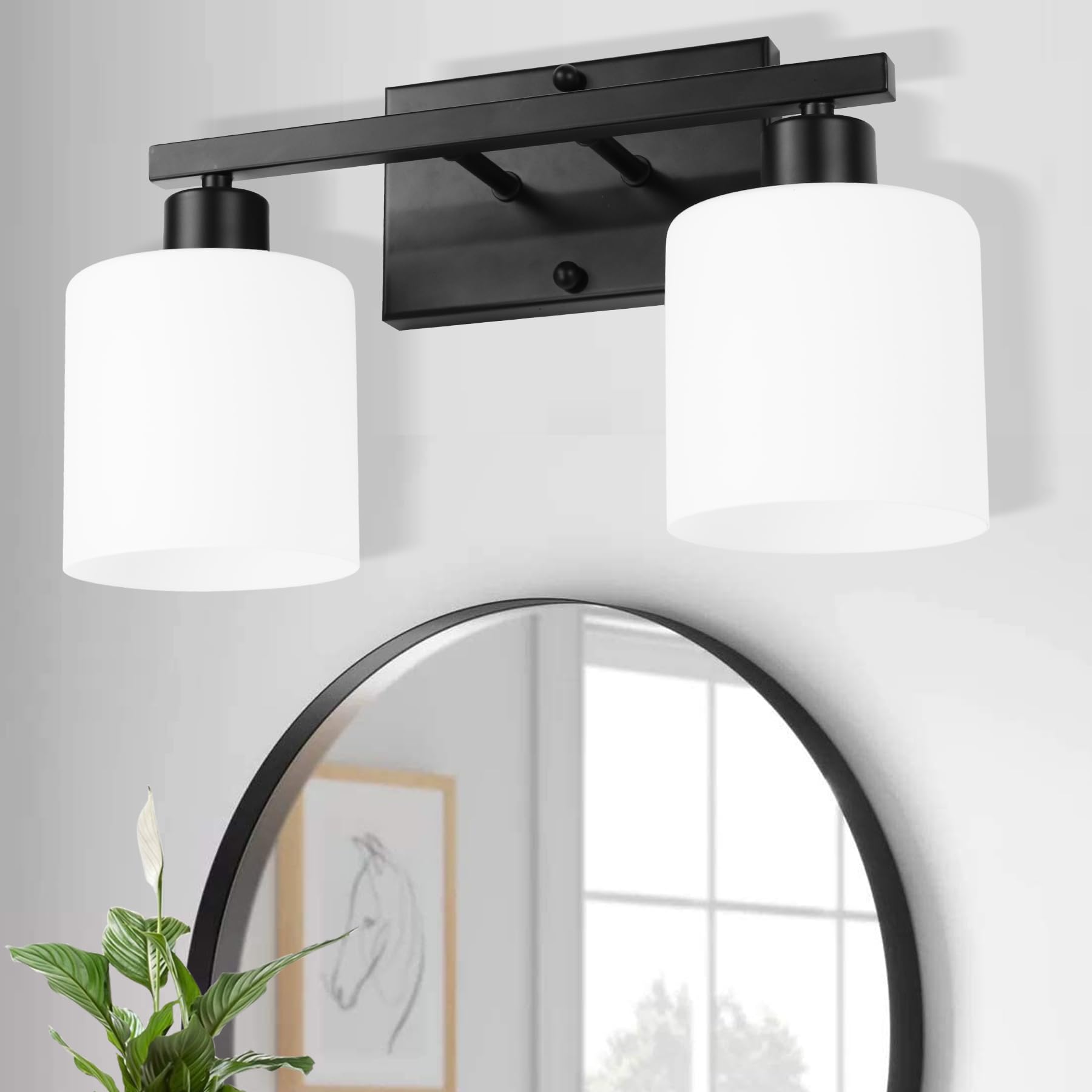 SILAMPDI 2-Light Bathroom Vanity Light Fixtures, Black Finish, Metal, Milky White Glass Shades, Model SLD-JQD-001