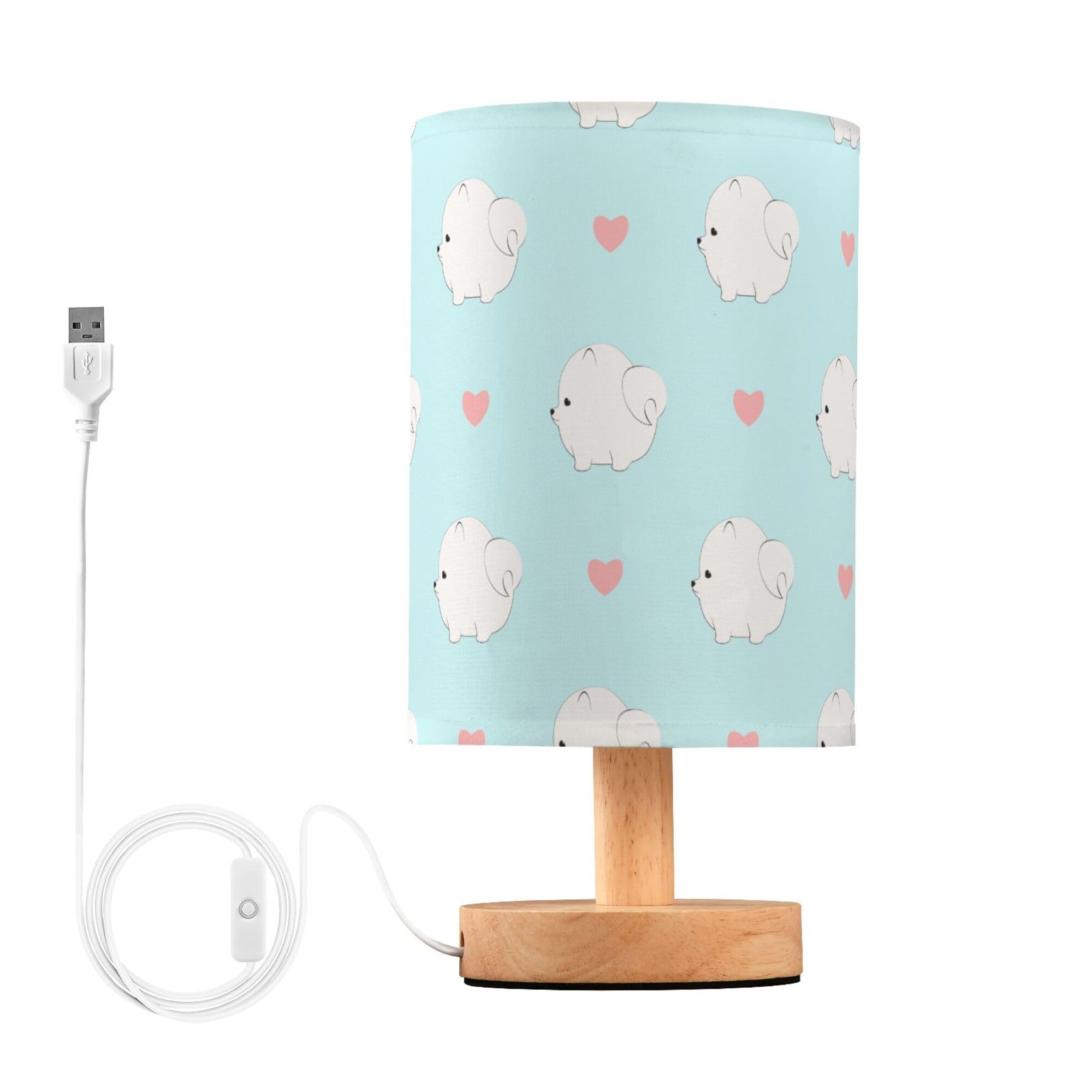 YYZZH Table Lamp Cute Pomeranian Dog Puppy Heart Nightstand Lamp with Wood Base Fabric Lamp Shade Bedside Desk Lamp for Living R