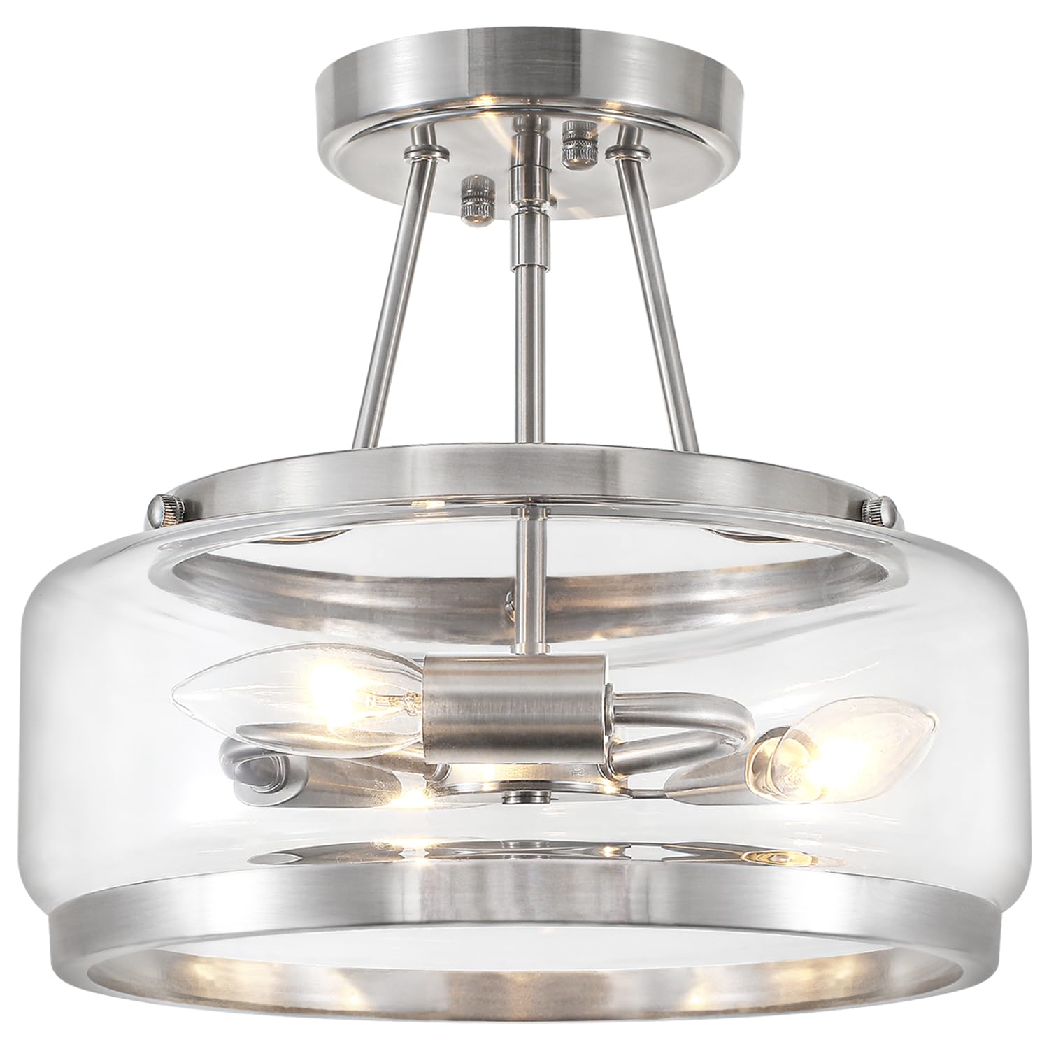 Brushed Nickel Modern Glass Ceiling Light  3-Light Drum Semi Flush Mount Ceiling Light Fixture  Entryway Light Fixture  Ceiling Lamp For Hallway Bedroom Laundry Kitchen Dining Room Lighting  Ul-Listed