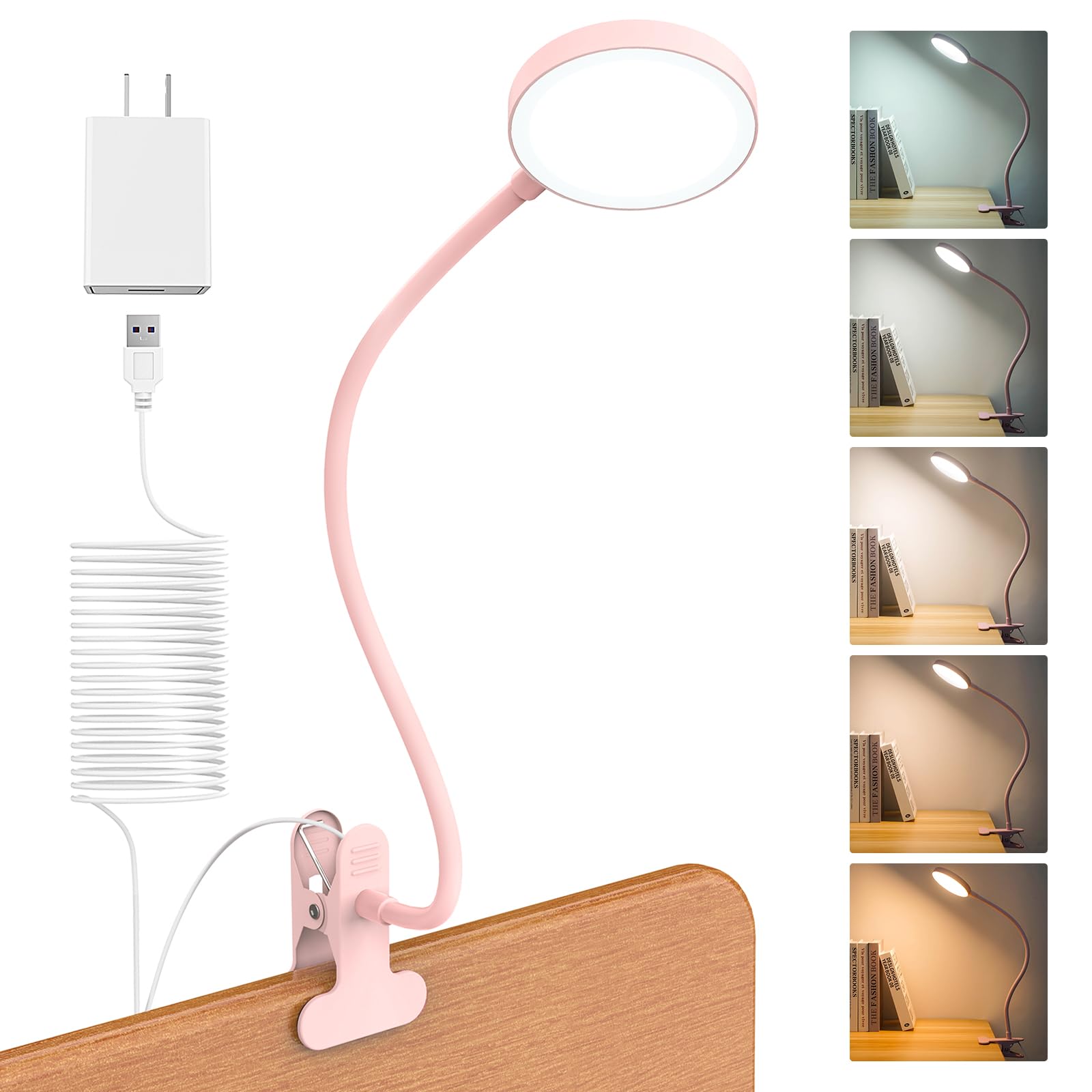 LiFMIRA Desk Lamp Clip on Light 8W 66 LED, Eye Caring Metal, 10 Dimming Levels, Pink, Model YUPK10