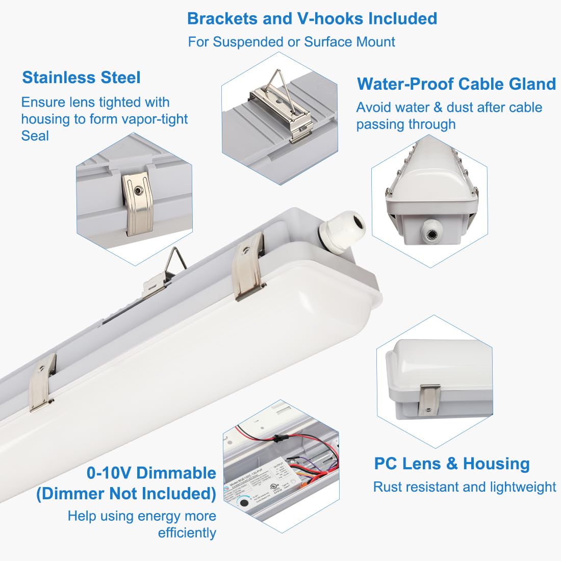 Dakason 8Ft Led Vapor Tight Light 120-100-80W Tunable, 15600Lm Led Vapor Proof Lighting Fixture Ip66 100-277V, Led Outdoor Shop