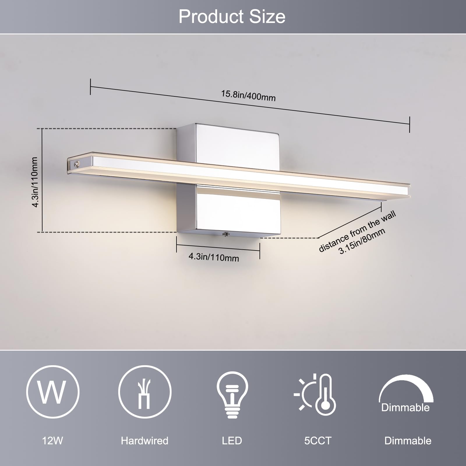 BRIVOLART Modern Bathroom Vanity Light 15.7in 12W Dimmable Chrome LED Fixture Model 6420