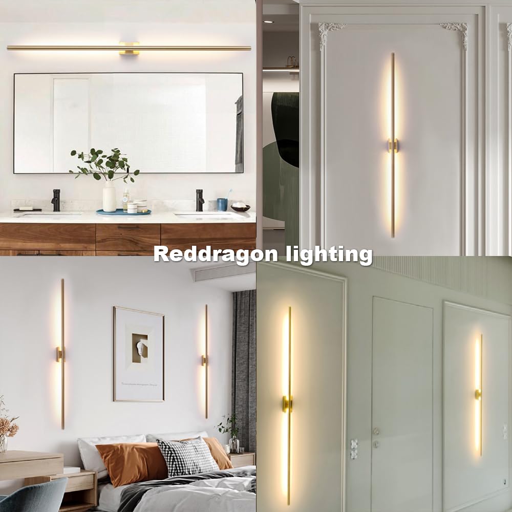 Reddragon Lighting Set Of 2 Modern Linear Led Wall Light Hardwired Dimmable 48 Inch Slim Tube Waterproof Vanity Wall Sconce For Living Room Corridor Bathroom (2 Pack, 48'', Gold, Dimmable)