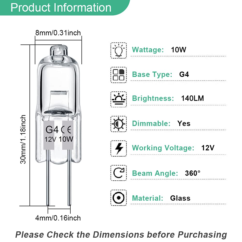 Taiyaloo G4 Bulb, 12 Pack Halogen Light Bulb 2 Pin 12V 10W, T3 Jc Type G4 Light Bulbs Replacement For Under Cabinet Puck Light,