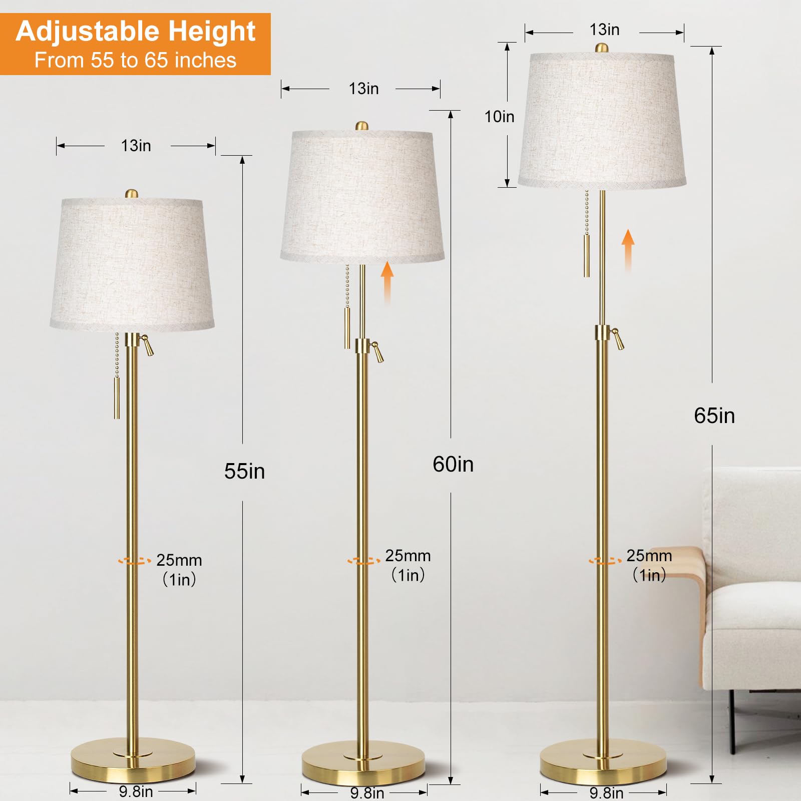 Gold Floor Lamp For Living Room 55-65'' Adjustable Modern Brass Standing Lamp With Pull Chain Tall Pole Light With Beige Shade F