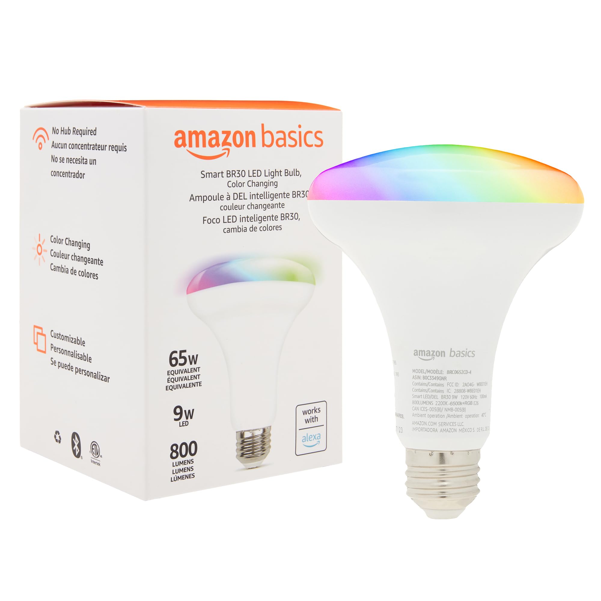 Amazon Basics Smart BR30 LED Light Bulb, Color Changing, 60W Equivalent, 800LM, Works with Alexa Only, 2.4 GHz Wi-Fi, 9W, No Hub