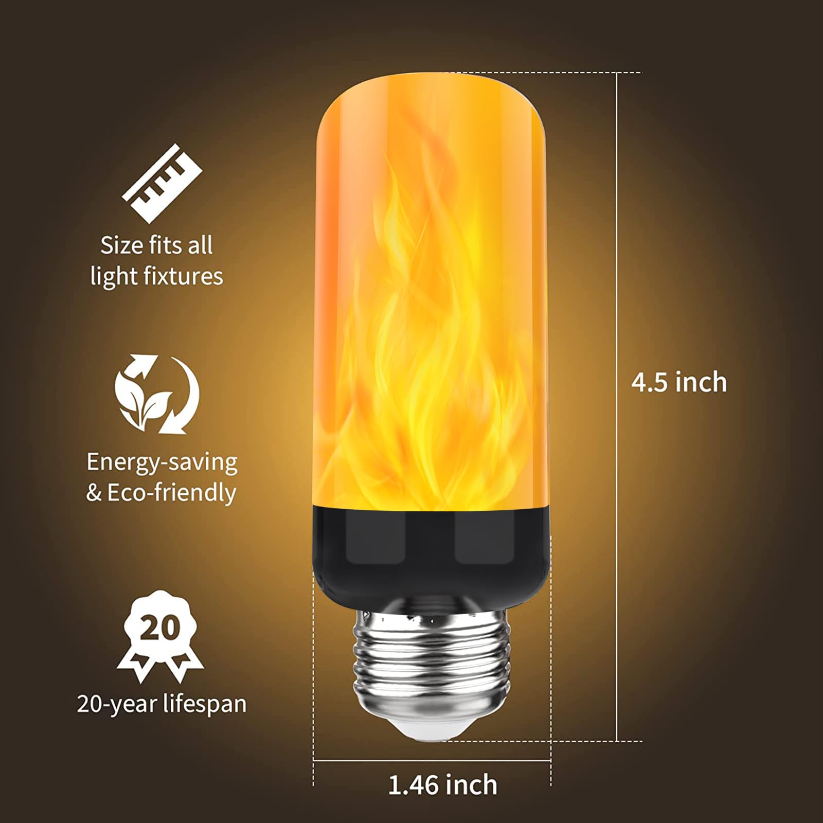 Morsatie LED Flame Light Bulbs, 4 Modes, E26, Gravity Sensor, 2 Pack - Black Base, Indoor/Outdoor Decoration