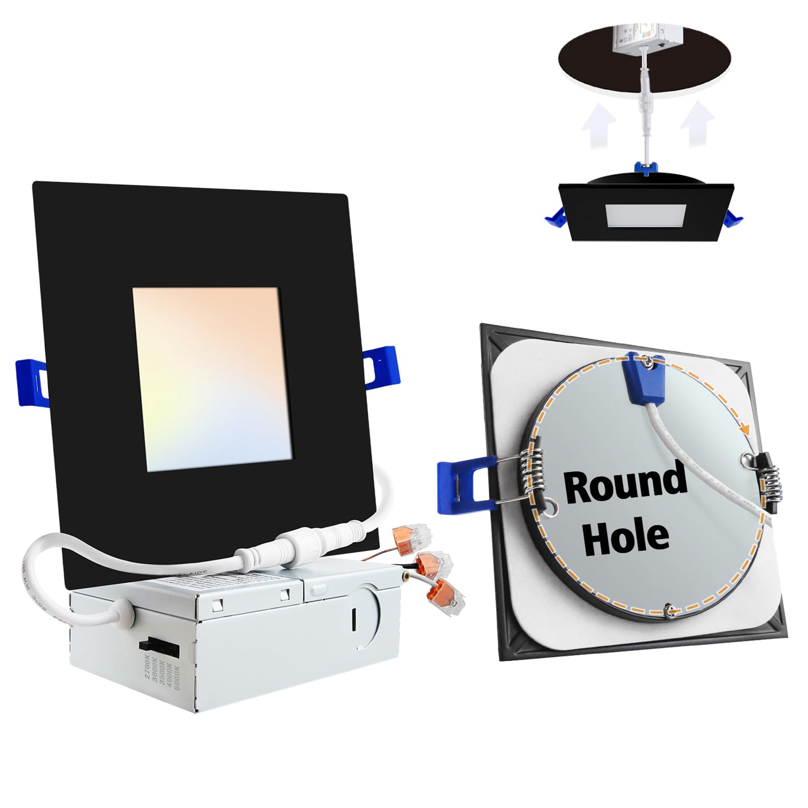 Adetu 4 inch Square Led Recessed Lighting Black,5CCT Ultra Thin Square Led Ceiling Light with Junction Box,2700K-5000K, 10W 860L