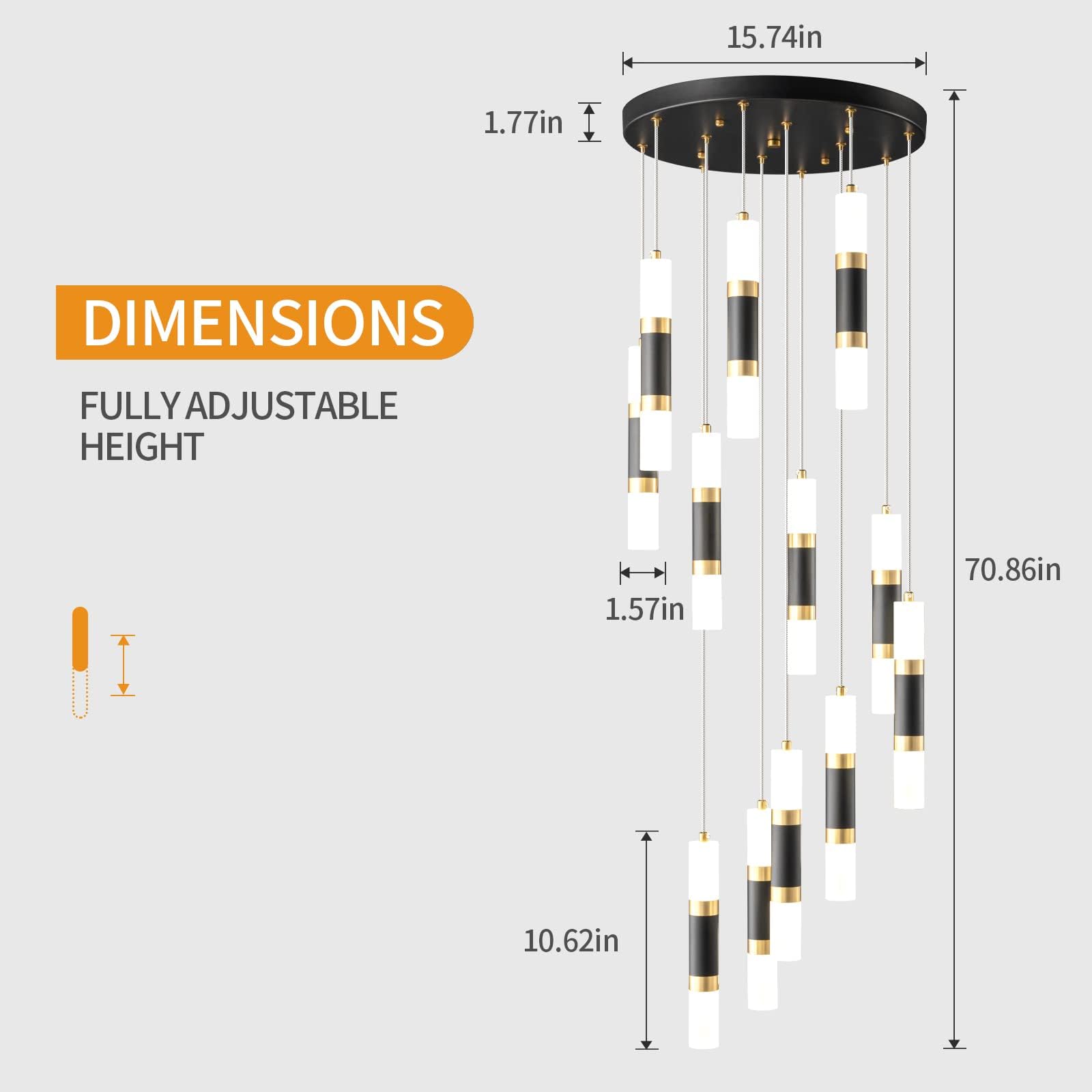 Liangmh Modern Kitchen Island Black Gold Ceiling Pendant Light Dimmable Led 72W Staircase Large Chandelier Lobby Bedroom Living