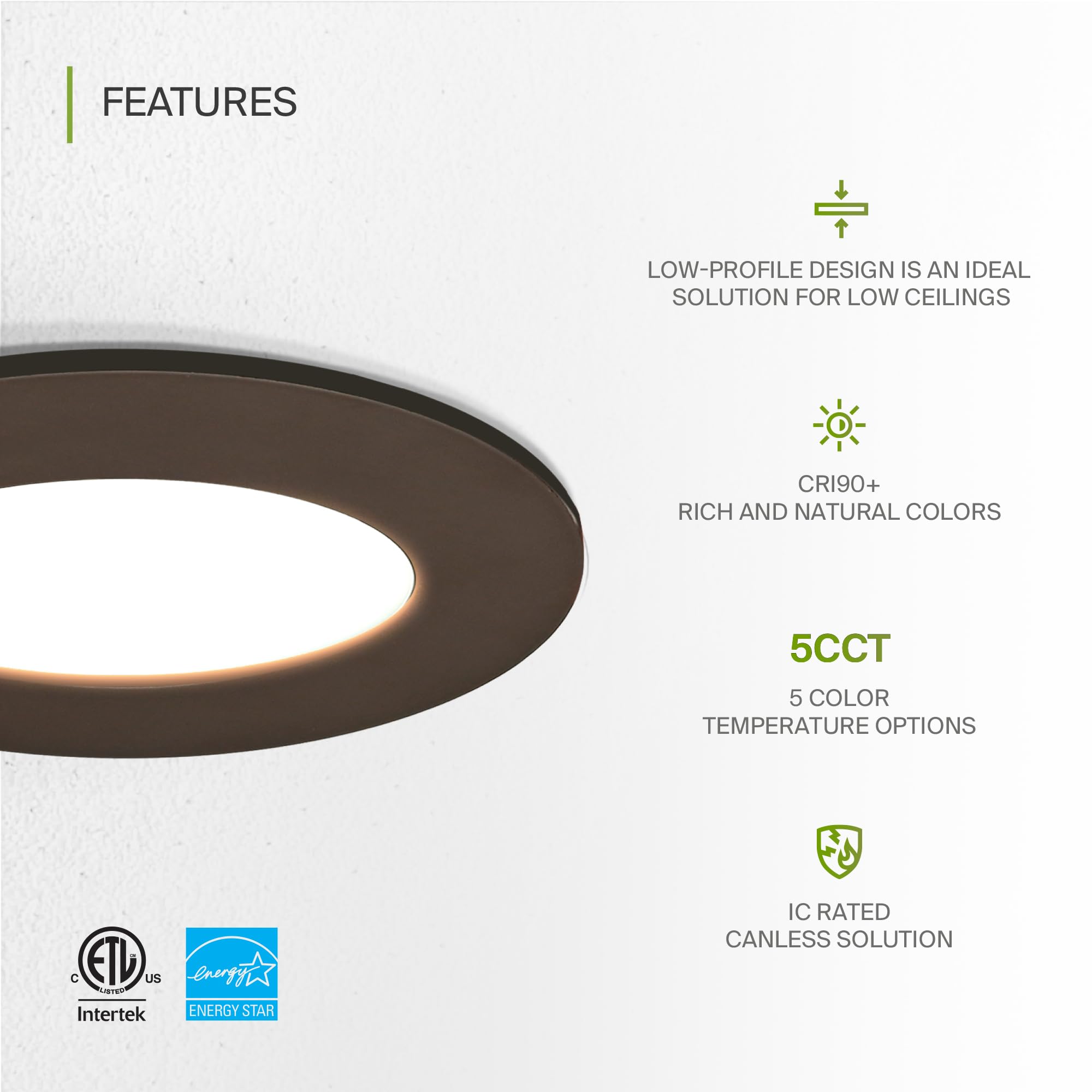 Asd 6 Pack 3 Inch Led Recessed Light 6W  5 Cct 2700K-5000K Cri90+  Ic Rated Ultra Thin Dimmable Ceiling Lights With J Box  Canless Wafer Downlight  Round Slim Panel Lighting  Energy Star Etl  Bronze