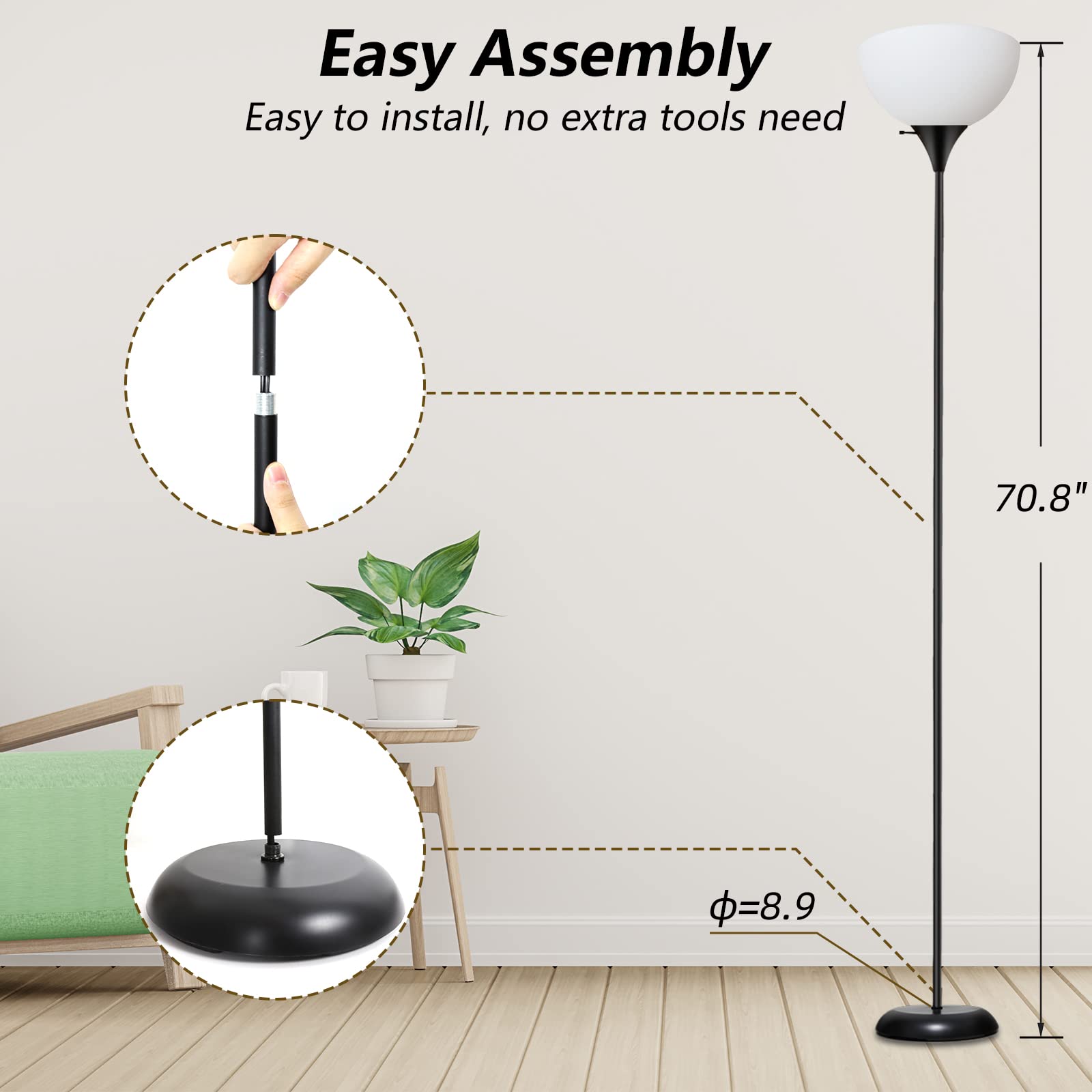 Rislg Standing Led Floor Lamp, Industrial Metal Tall Lamp With Drop-Resistant White Lampshade