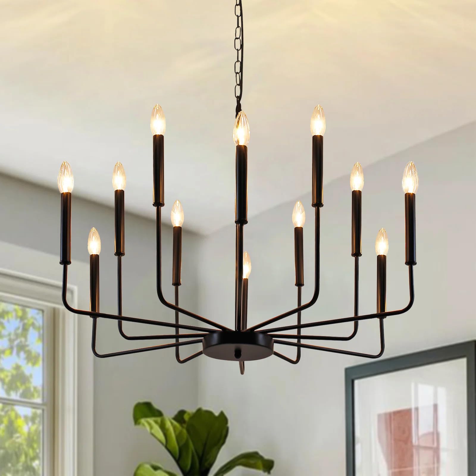 Rviezza Black Chandelier, 12-Light Farmhouse Chandeliers For Dining Room, Classic Candle Ceiling Pendant Light Fixture For Living Room, Foyer, Kitchen Island, Bedroom, Entryway