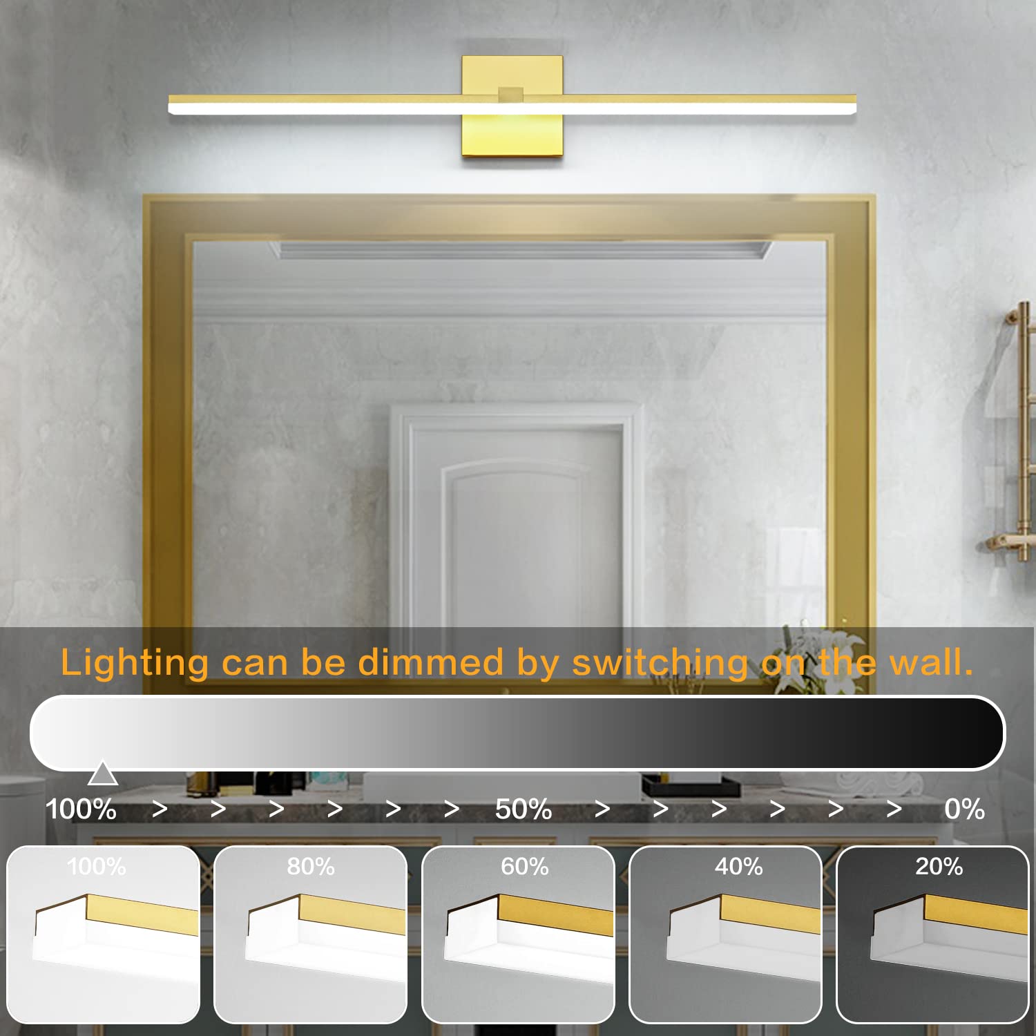 ZUZITO LED Vanity Light - Gold Stainless Steel - 40 Inch Dimmable Bathroom Fixture - Frosted White Acrylic Shade - Model Z9650-1000mm