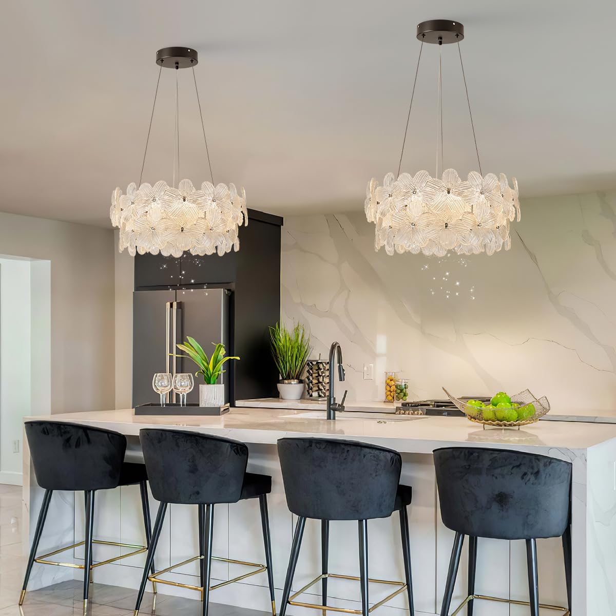 Poemoon Flower Led Crystal Chandelier 20'' Modern Black Flush Mount Dimmable Chandelier Light Fixture With Remote Control For Di