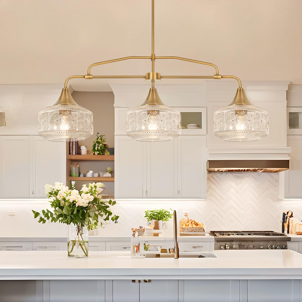 DSMJFU Farmhouse 3-Light Adjustable Pendant Lighting, 37.4in, Gold Clear Glass Shades, Model 250614, Industrial Chandelier for Modern Decor