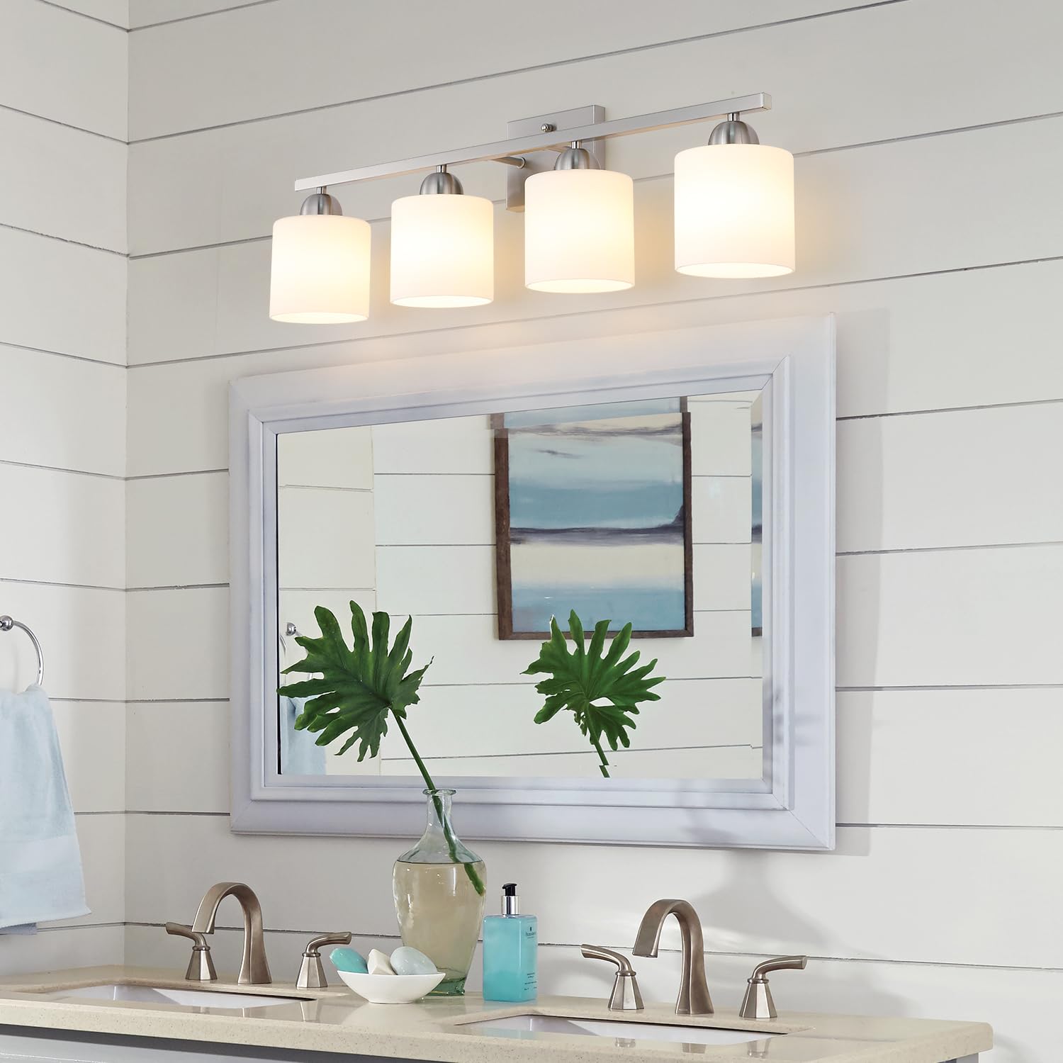Mecgirn Stainless Steel Bathroom Vanity Light, 4 Light, Brushed Nickel, Model B0003-4, Frosted Glass Wall Mount Fixtures