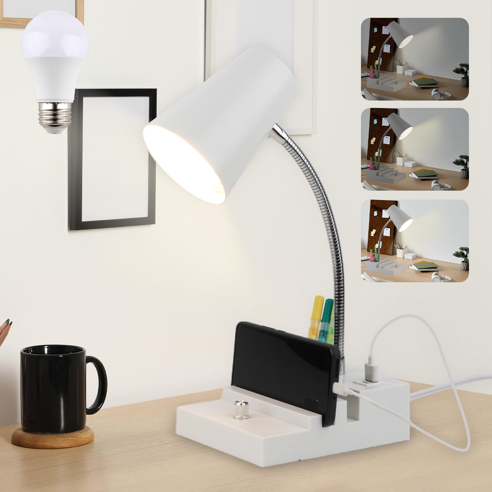 LALISU Study Desk Lamp with USB Charging, Gooseneck, LED, Stepless Dimming, Metal, White, Model LALISUSTU078