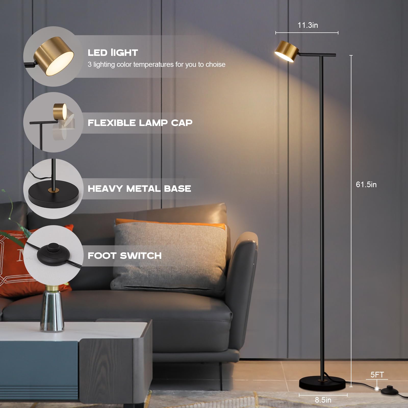 Figdifor Black Floor Lamp, 3 Color Temperatures, Flexible Head, Modern Reading Light For Home & Office
