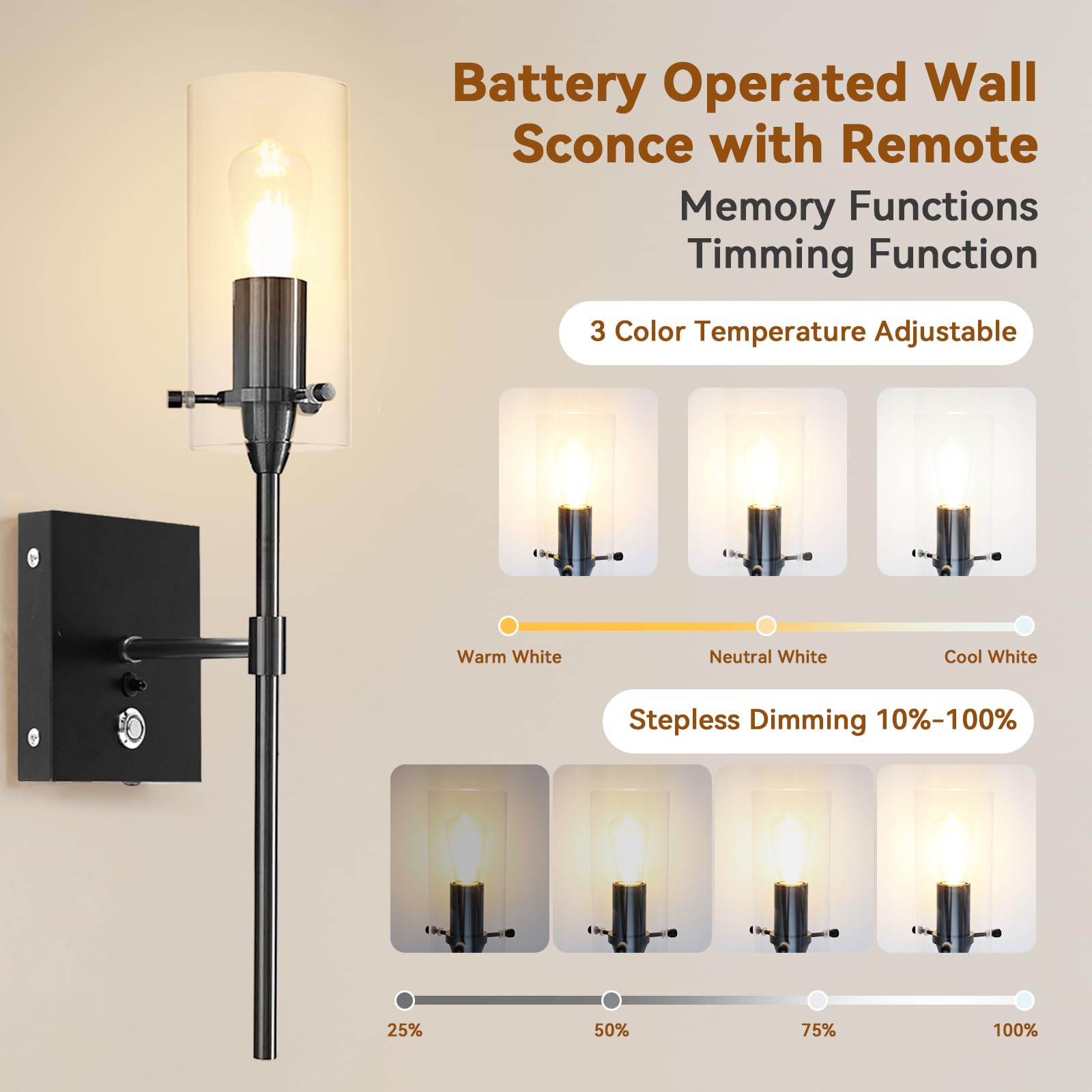 Aibisod 3-Color Battery Operated Wall Sconces Set Of 2 With Remote, Dimmable Indoor Wireless Wall Light, Black Indoor Battery Po