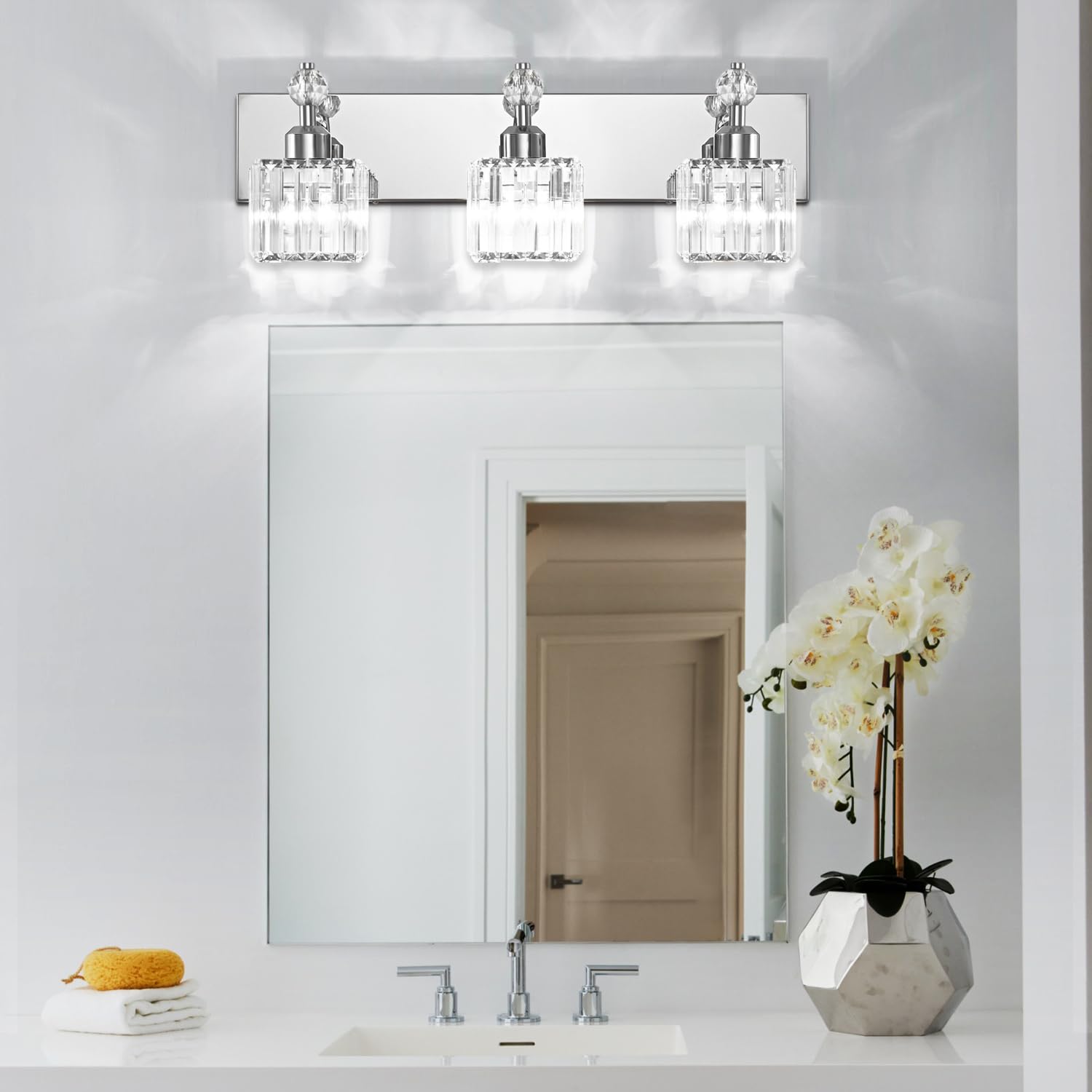 PRESDE Modern Vanity Light 3-Lights Chrome Stainless Steel Crystal Bathroom Fixture