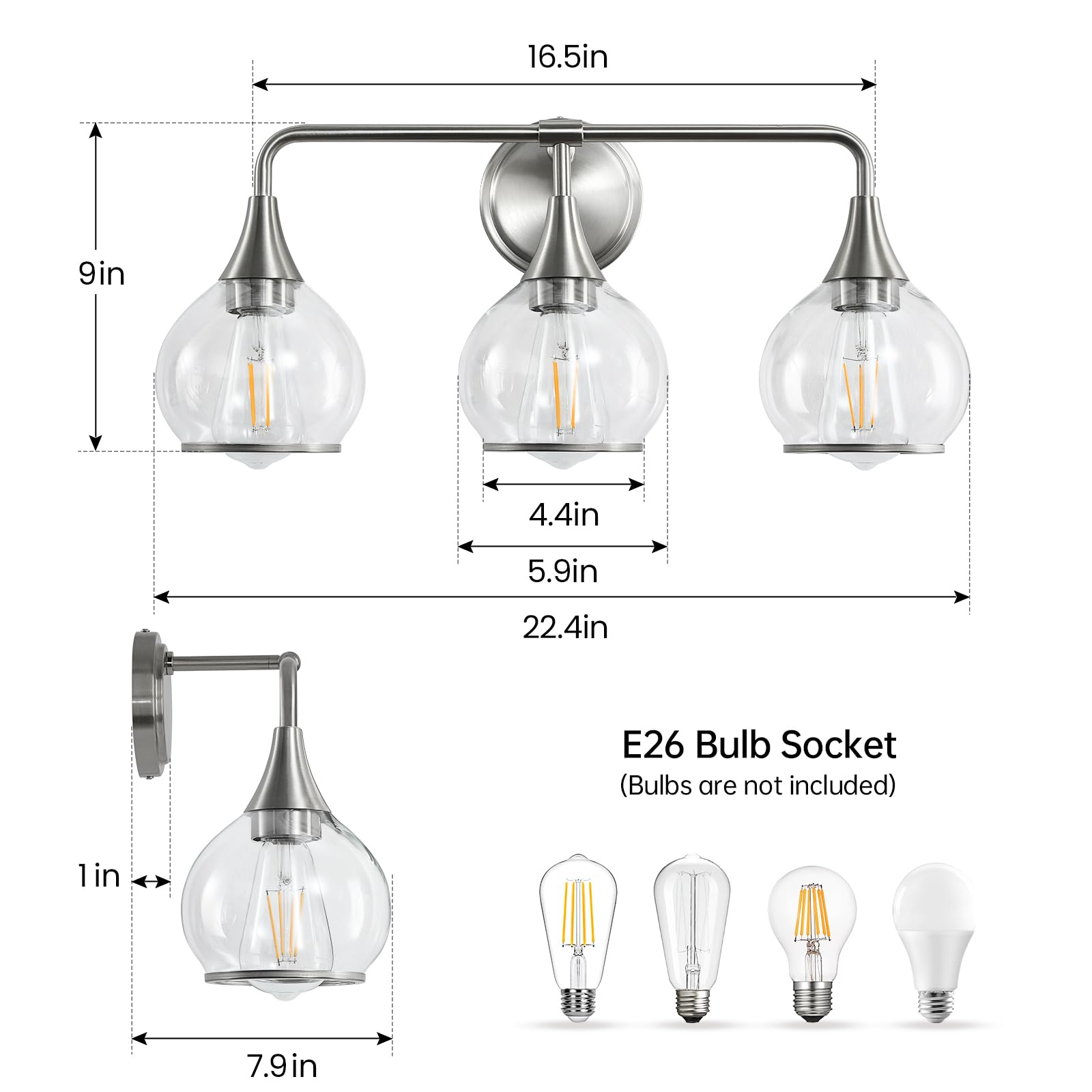 Hahzt Brushed Nickel Bathroom Vanity Light 3 Lights Bathroom Light Fixtures Over Mirror With Clear Glass Shade 22.4 Inch Wall Sc