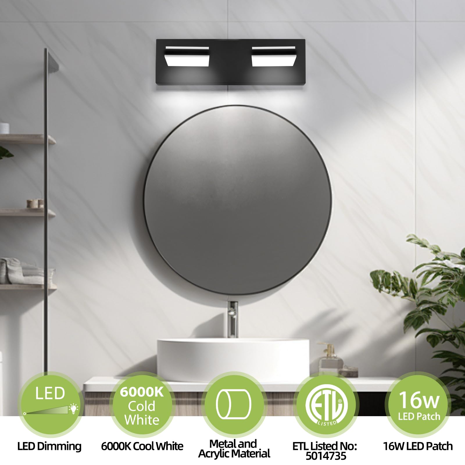 Okeli 3-Light Modern Led Vanity Light, Matte Black, 24 Inch, Etl Listed, Cold White