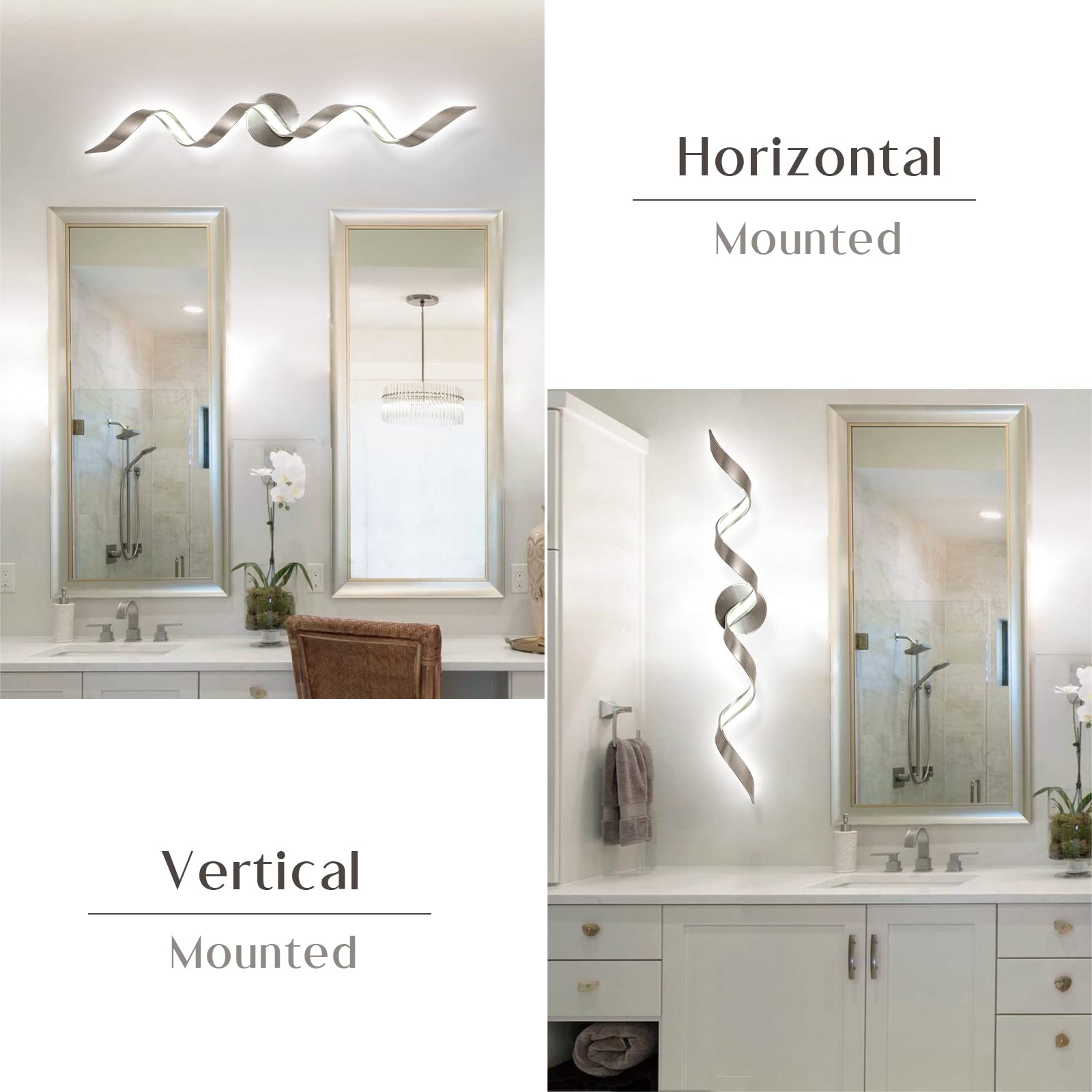 Huoku 32" Dimmable Led Bathroom Vanity Light, 20W Spiral Design, Brushed Nickel, 6000K
