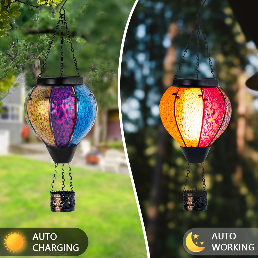 Giole Solar Hot Air Balloon Outdoor Lantern With Flickering Flame, Handmade Glass Hanging Outdoor Lantern Waterproof Decorative