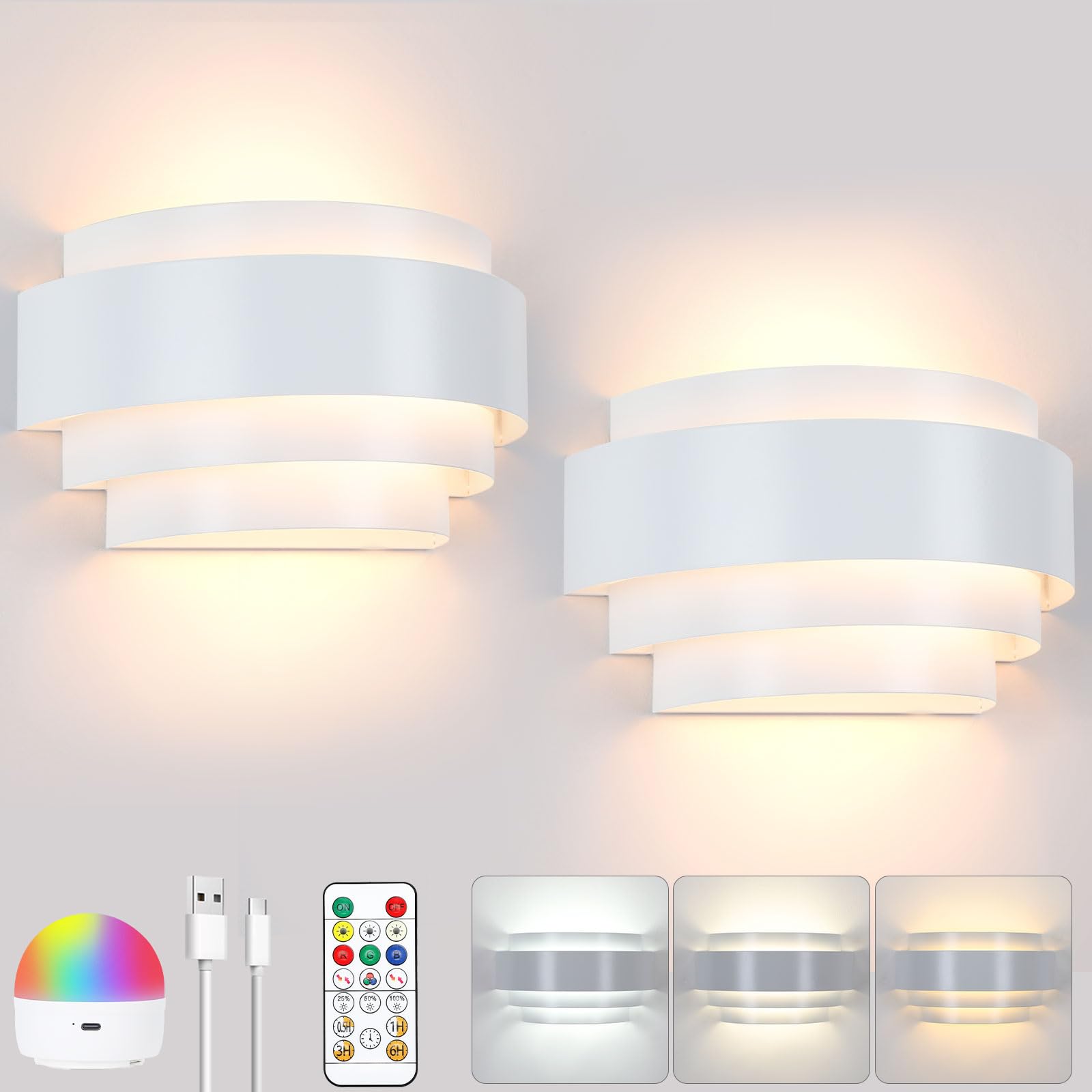 LIGHTESS Battery Operated Wall Sconces Set of 2, Dimmable Rechargeable Wall Lights with Remote Control, Sconces Wall Decor Set o